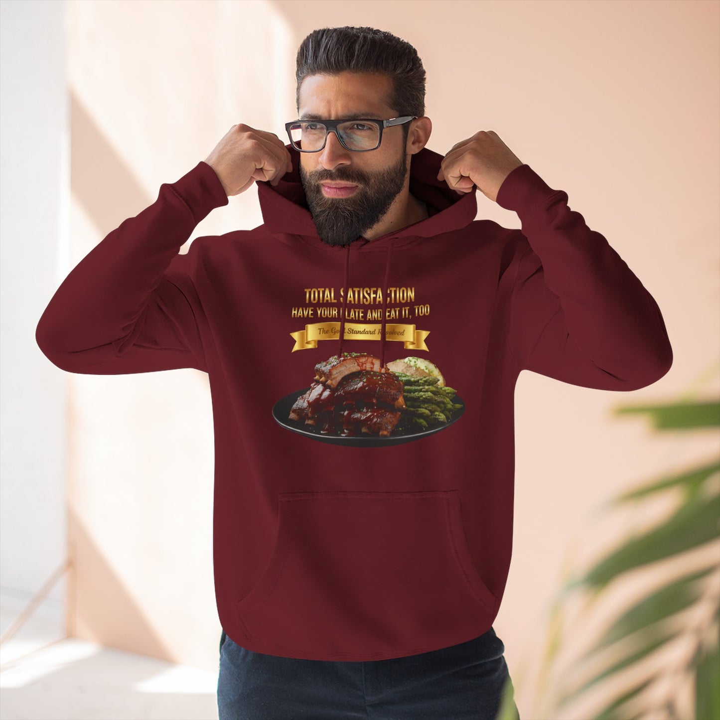 3D Food Fashion design for E U F Outlet featuring barbecue ribs, asparagus, and a baked potato on a black plate against a solid black ground on a premium hoodie.