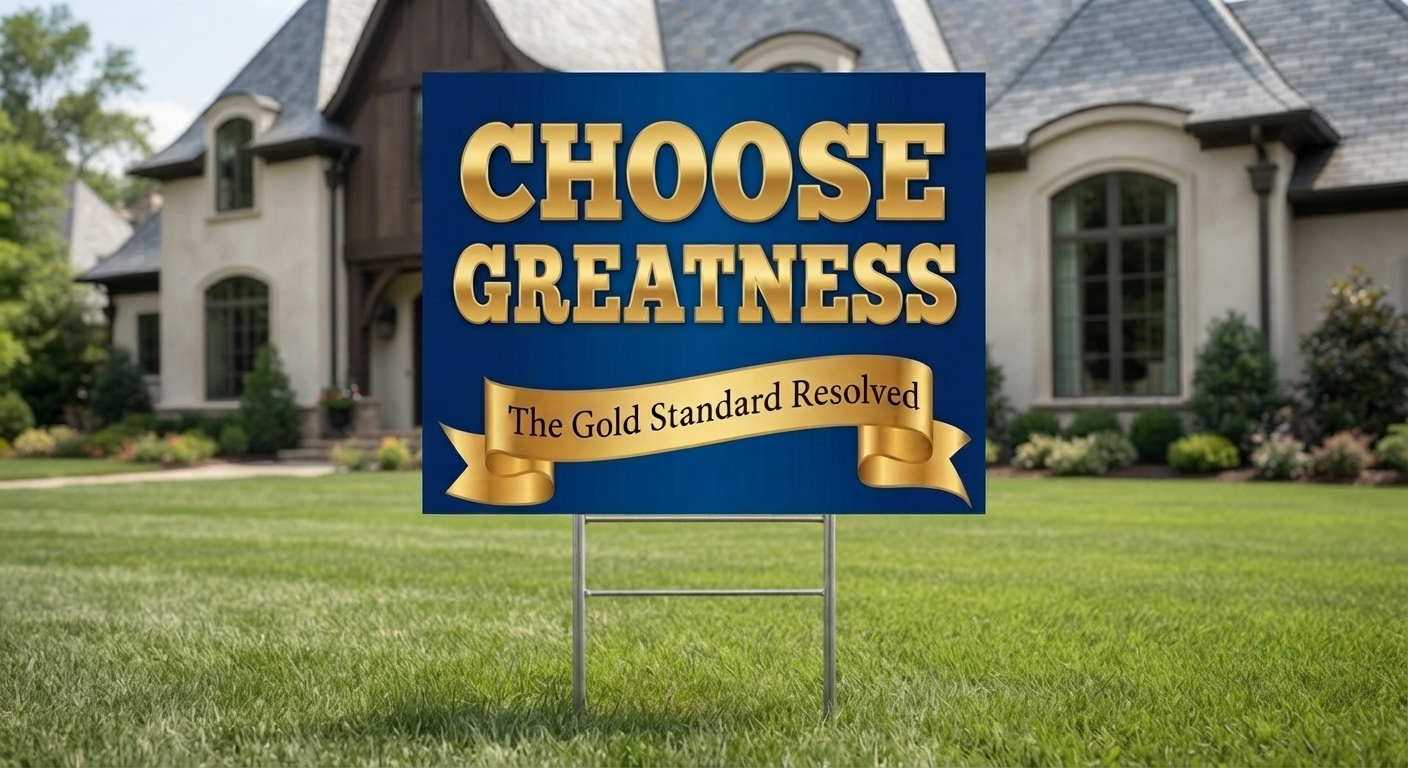 A rectangular yard sign with a dark blue background and large gold lettering that reads “CHOOSE GREATNESS,” with a gold ribbon banner below reading “The Gold Standard Resolved.” The sign is displayed on a metal stake in a green lawn in front of a large house.