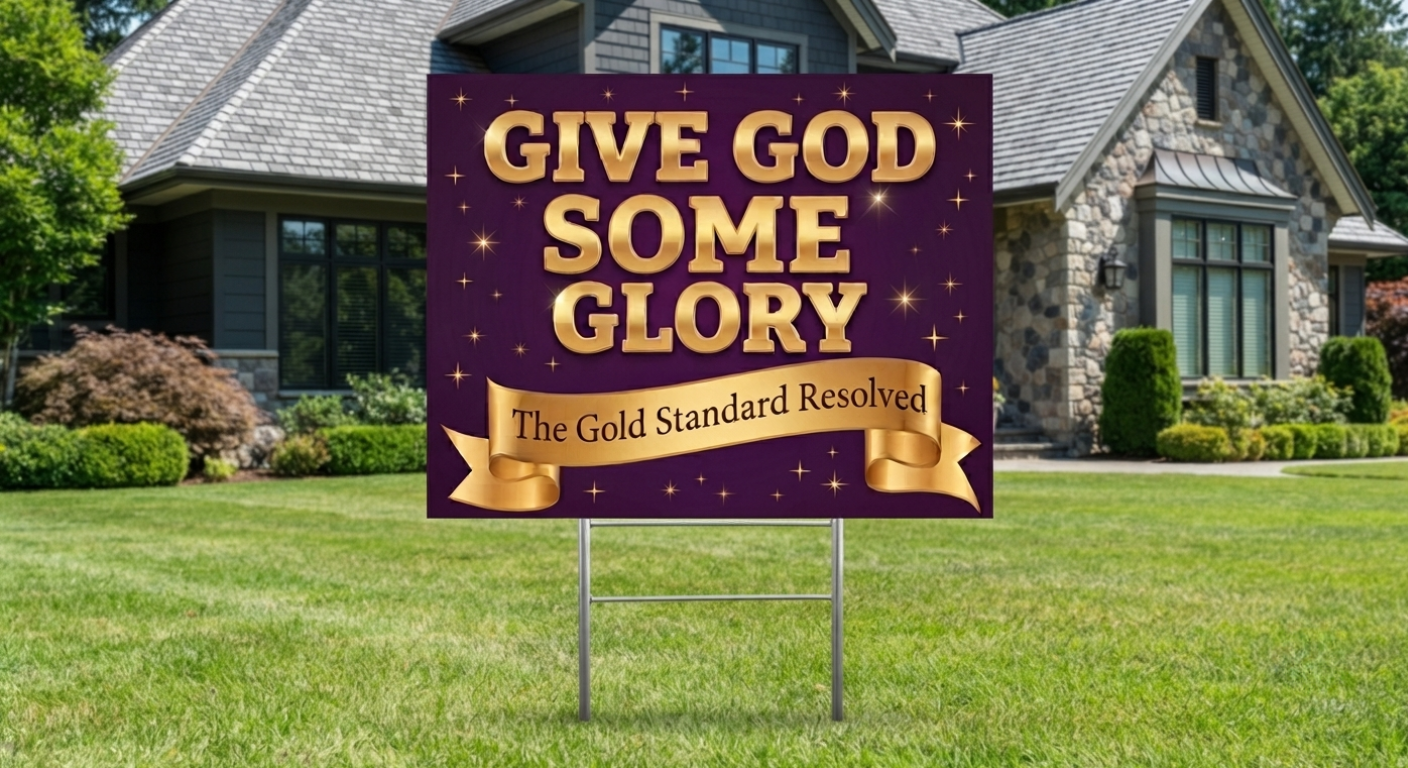 A rectangular yard sign with a purple background and gold lettering that reads “GIVE GOD SOME GLORY” and “The Gold Standard Reserved,” displayed on a metal stand in a green front yard with a house in the background.