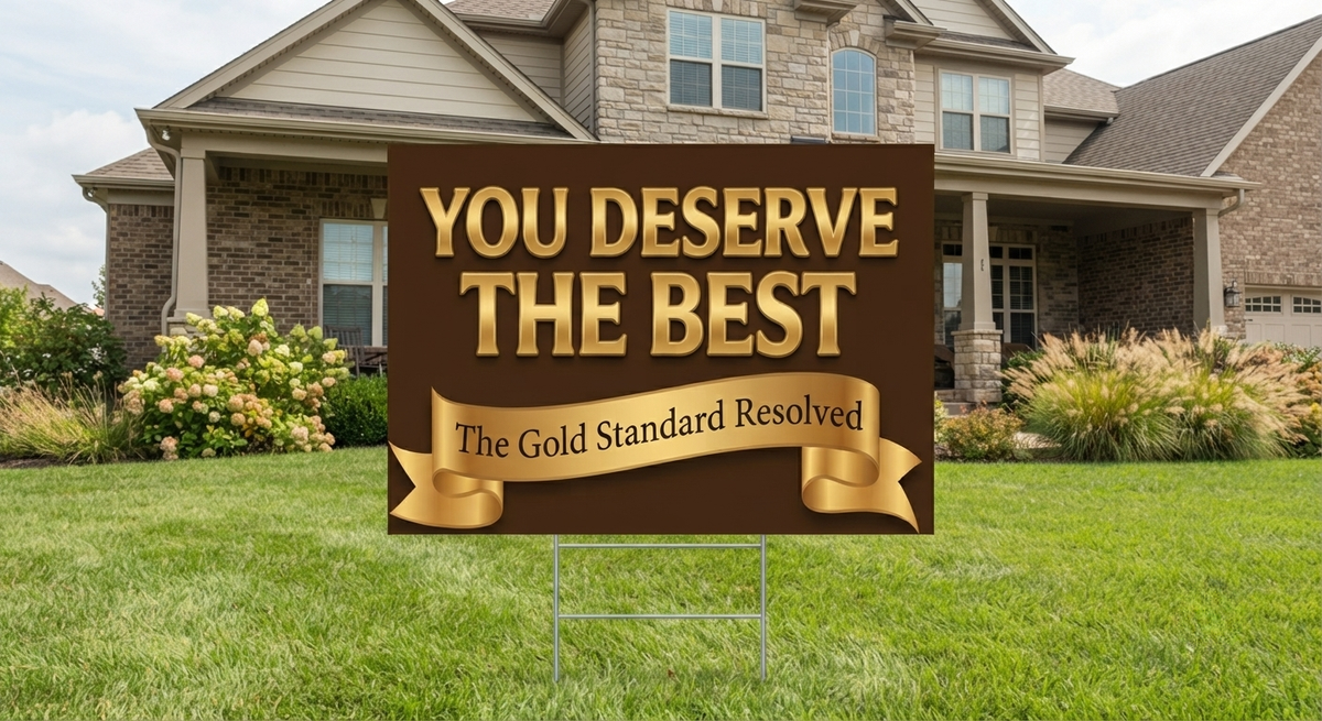A brown yard sign with gold lettering that reads 'YOU DESERVE THE BEST' and a banner reading 'The Gold Standard Resolved,' displayed on a metal stand in a green front yard in front of a suburban house.