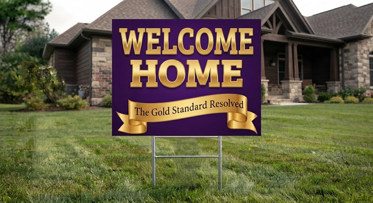 A purple and gold yard sign reading &