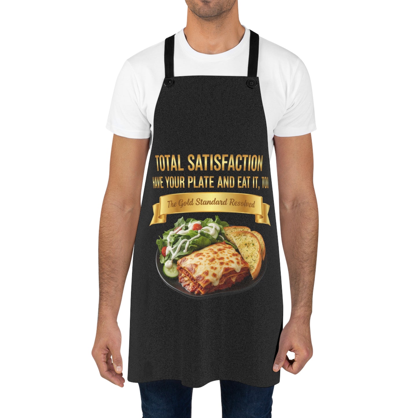 3D Food Fashion design for E U F Outlet featuring lasagna, a salad with ranch dressing, and two pieces of garlic bread on a black plate against a solid black ground on a premium apron.