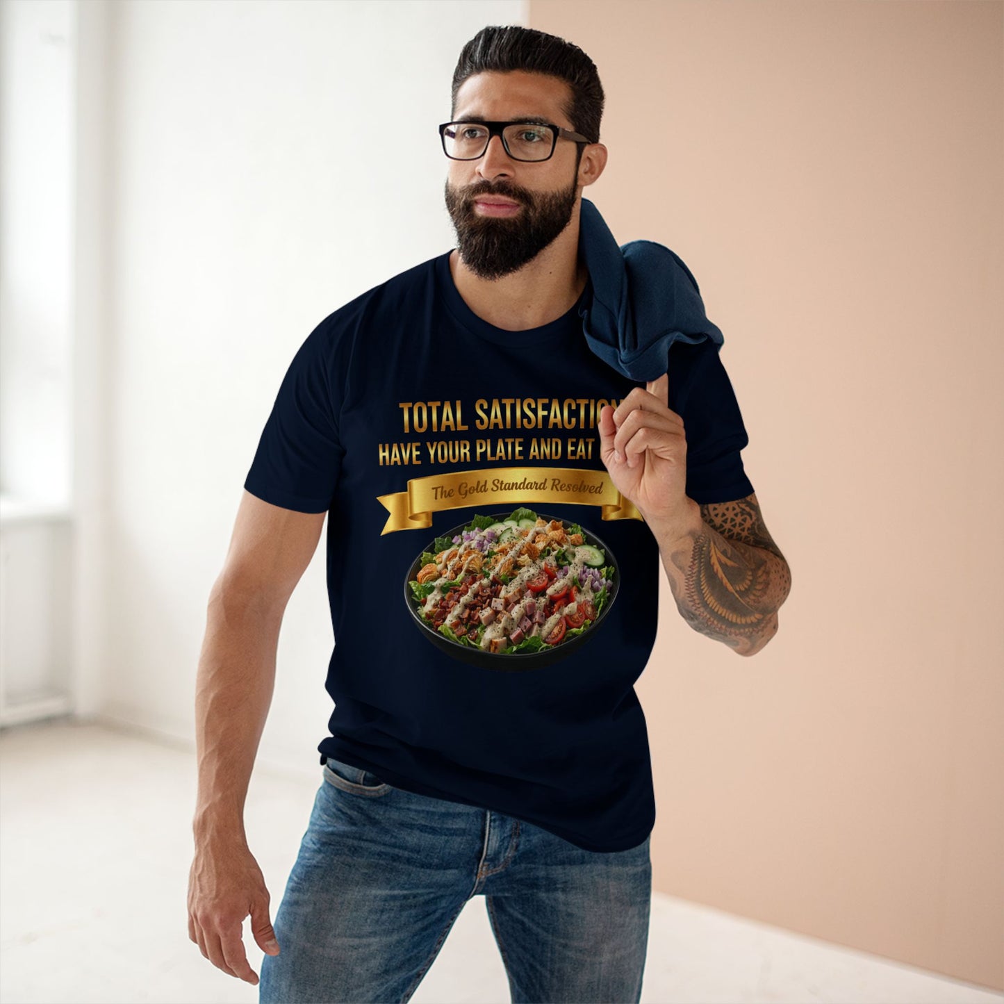 3D Food Fashion design for E U F Outlet featuring a loaded salad with bacon, turkey, ham, tomatoes, cucumbers, onions, croissants, and ranch dressing with black pepper and salt on a premium t-shirt.