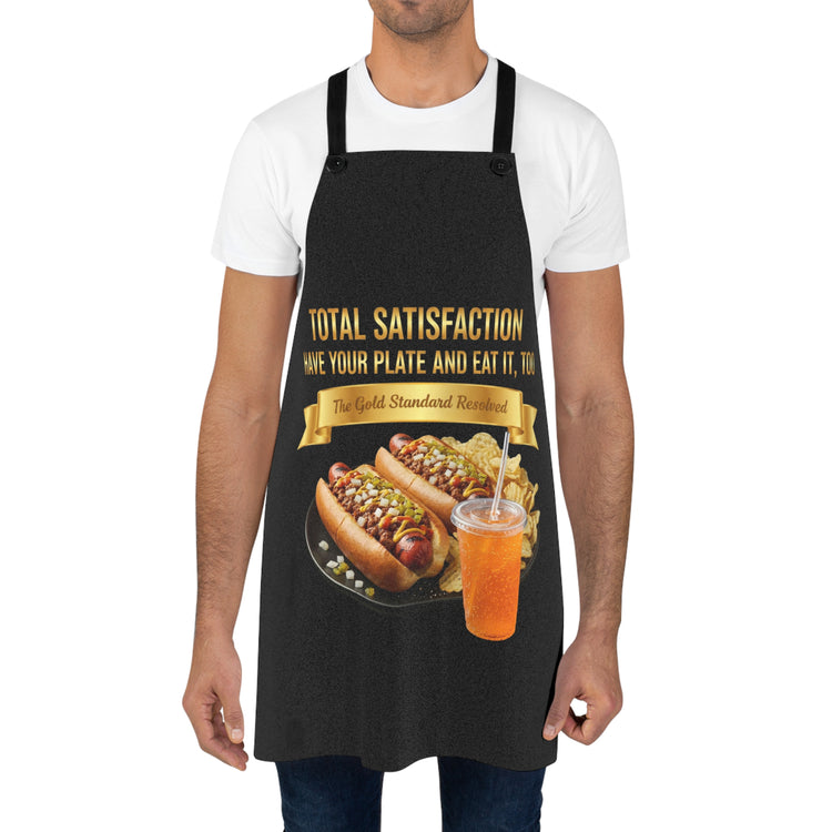 Person wearing a black apron with a graphic design and text on a white background