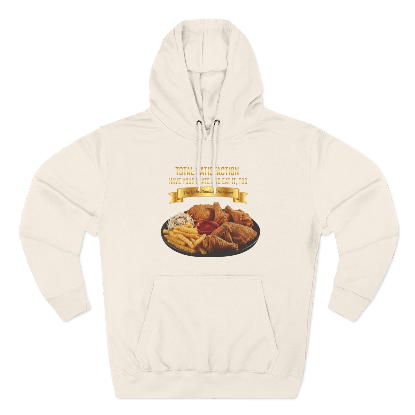3D Food Fashion design for E U F Outlet featuring six pieces of fried chicken, french fries, coleslaw, and ketchup on a black plate against a solid black ground on a premium hoodie.