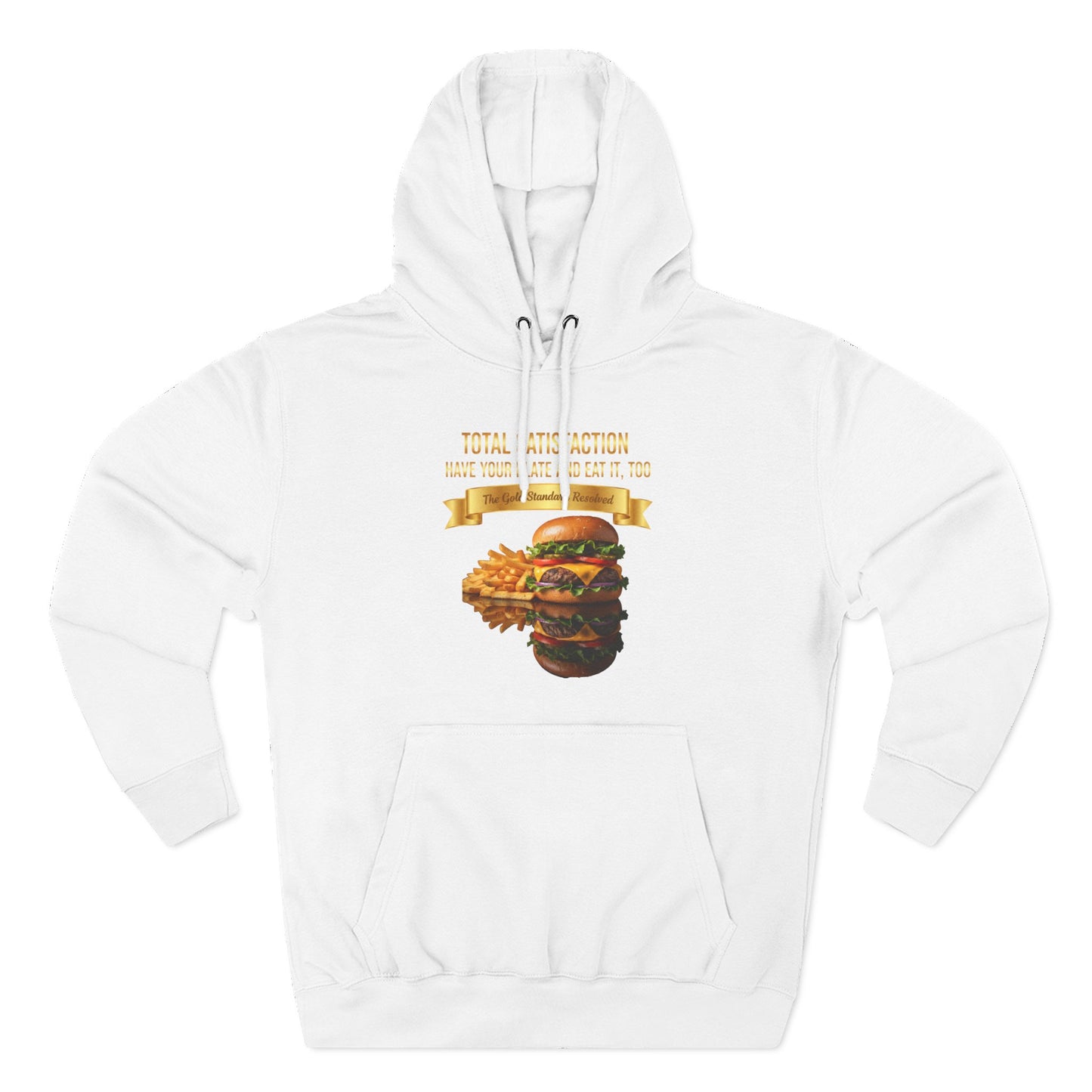 3D Food Fashion design for E U F Outlet featuring a cheeseburger and french fries on a black plate against a solid black ground on a premium hoodie.