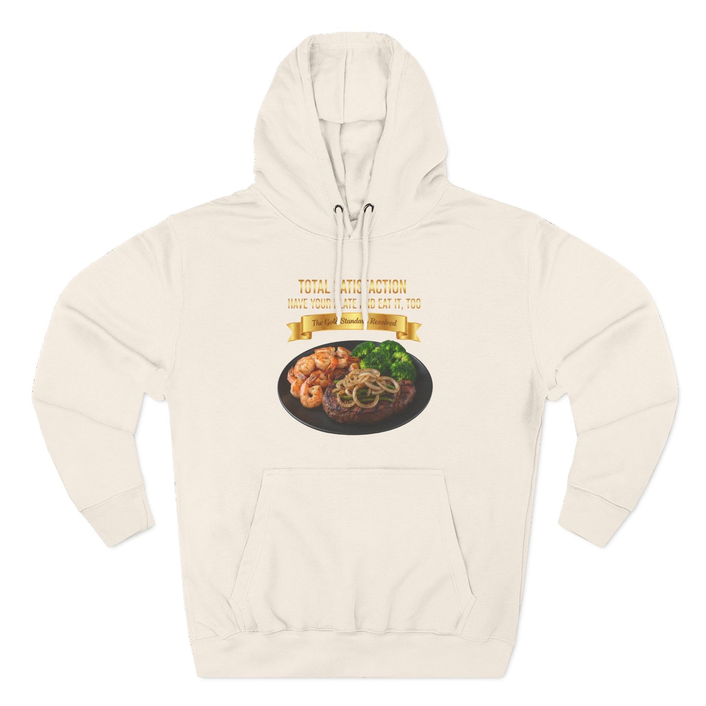 3D Food Fashion design for E U F Outlet featuring a grilled ribeye steak with green peppers and onions, shrimp, and broccoli on a black plate against a solid black ground on a premium hoodie.