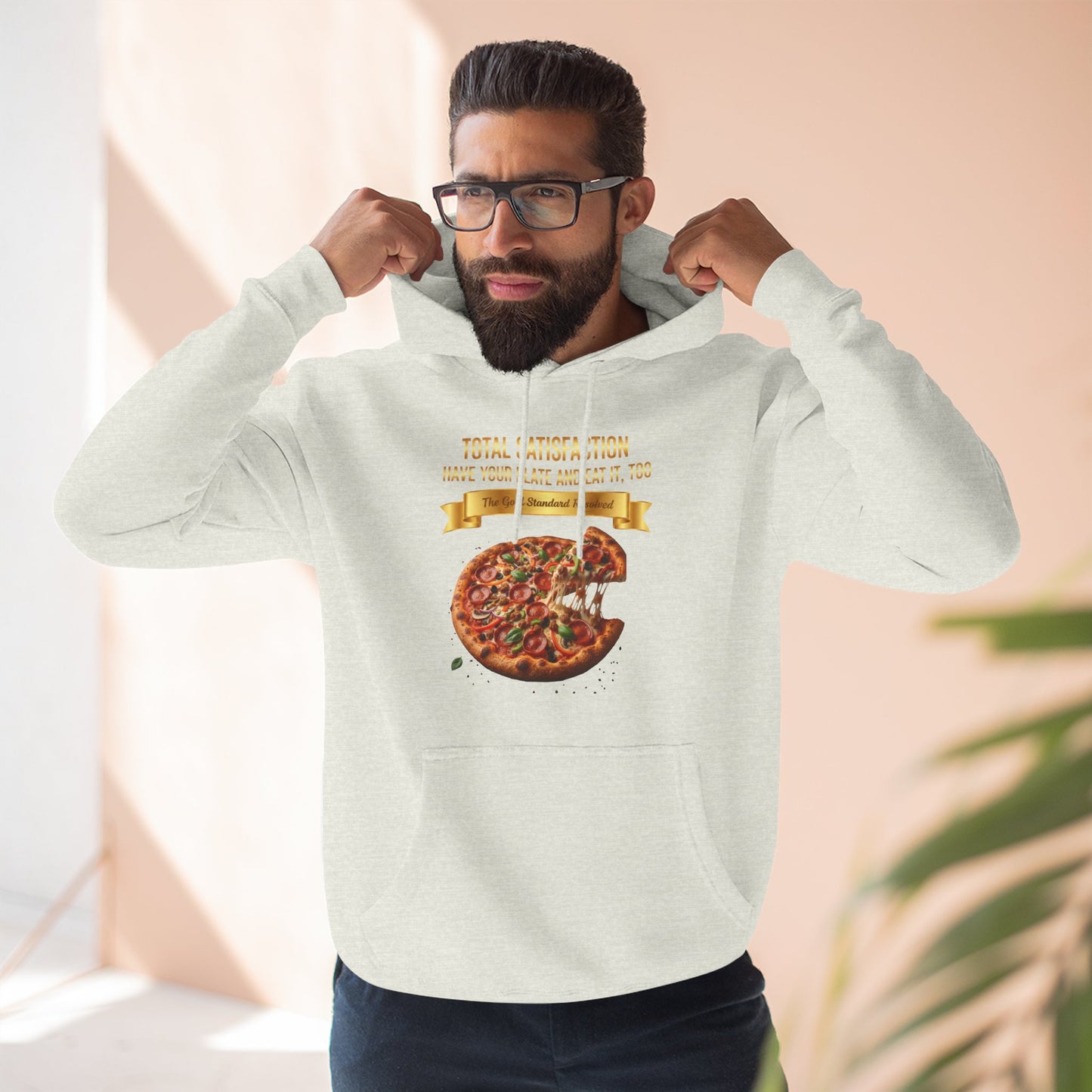 3D Food Fashion design for E U F Outlet featuring a cheesy pizza with toppings on a black plate against a solid black ground on a premium hoodie.