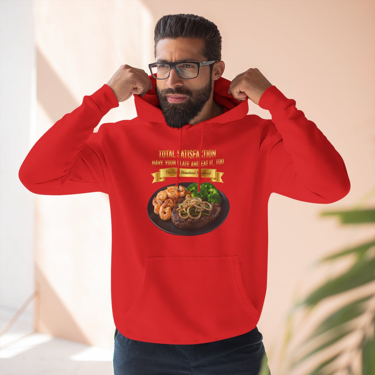 3D Food Fashion design for E U F Outlet featuring a grilled ribeye steak with green peppers and onions, shrimp, and broccoli on a black plate against a solid black ground on a premium hoodie.