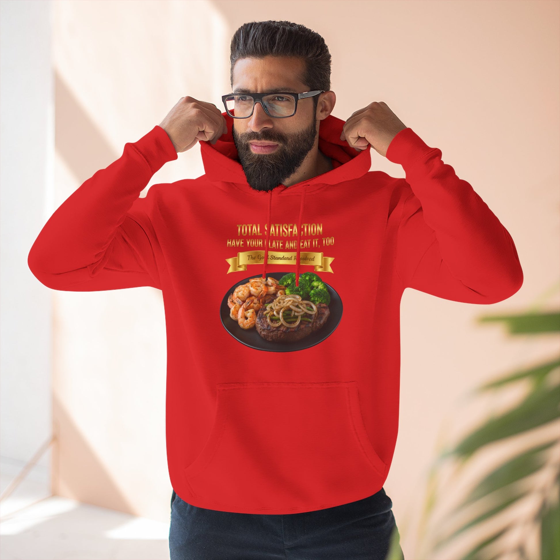 3D Food Fashion design for E U F Outlet featuring a grilled ribeye steak with green peppers and onions, shrimp, and broccoli on a black plate against a solid black ground on a premium hoodie.
