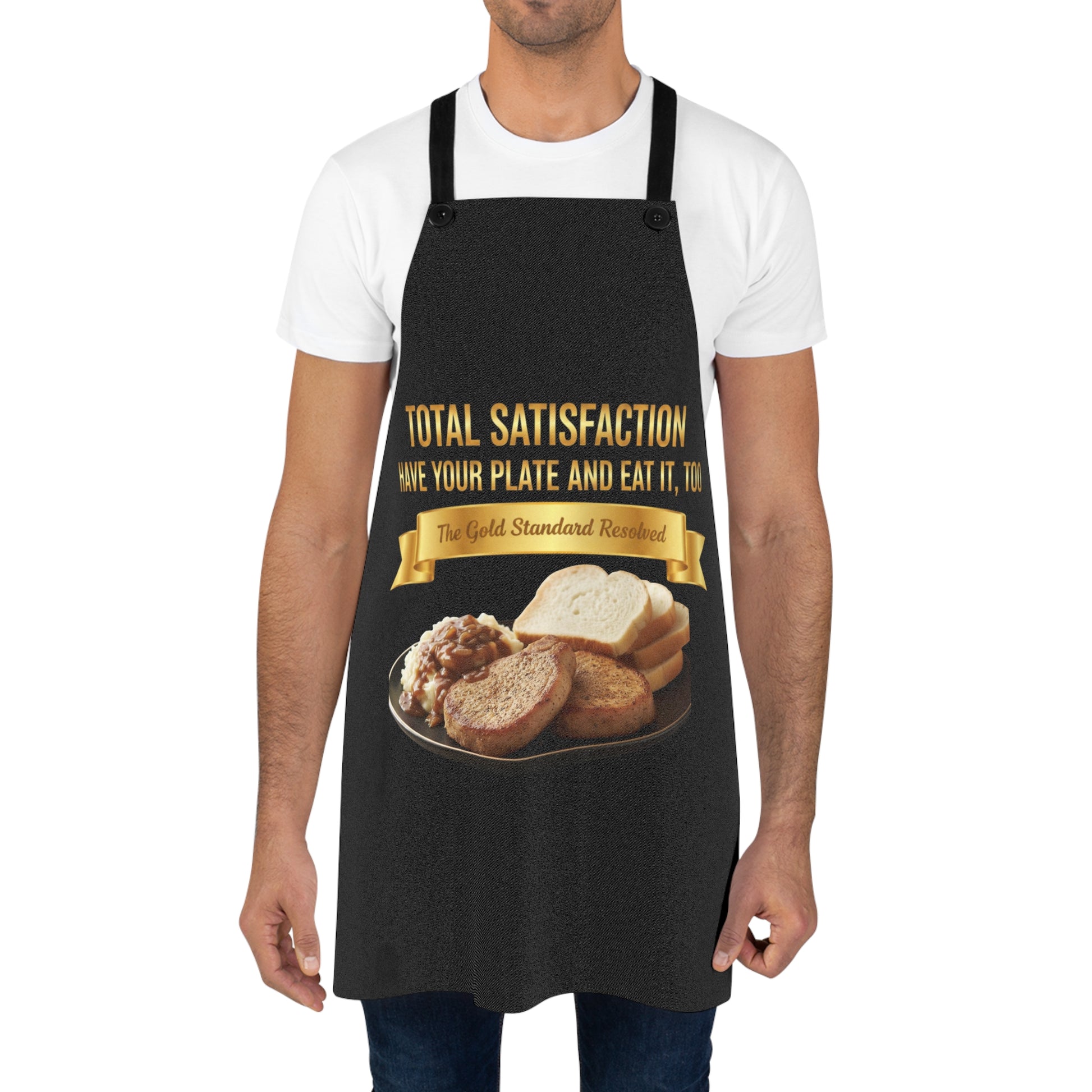 3D Food Fashion design for E U F Outlet featuring two big pork chops with gravy and onions, mashed potatoes, and four slices of white bread on a black plate against a solid black ground on a premium apron.