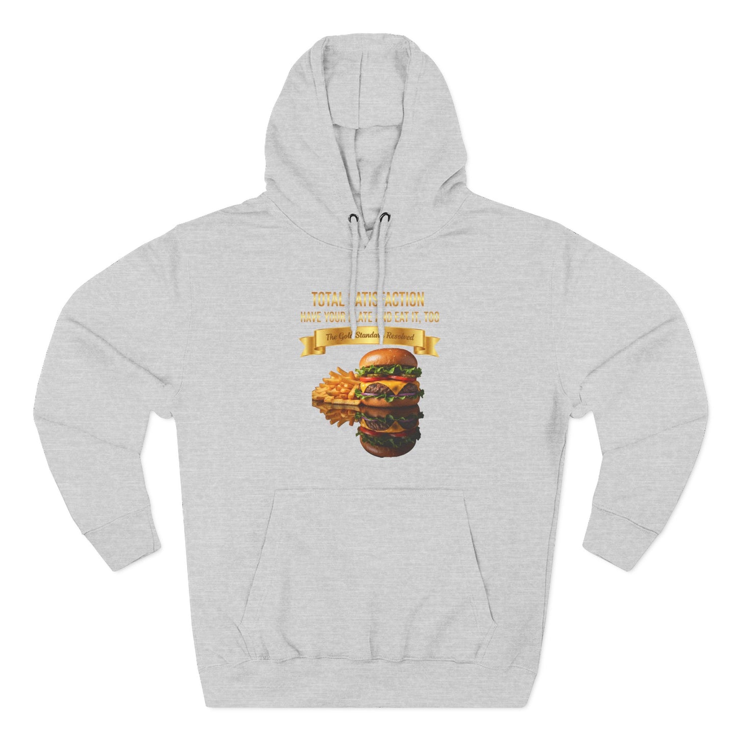 3D Food Fashion design for E U F Outlet featuring a cheeseburger and french fries on a black plate against a solid black ground on a premium hoodie.