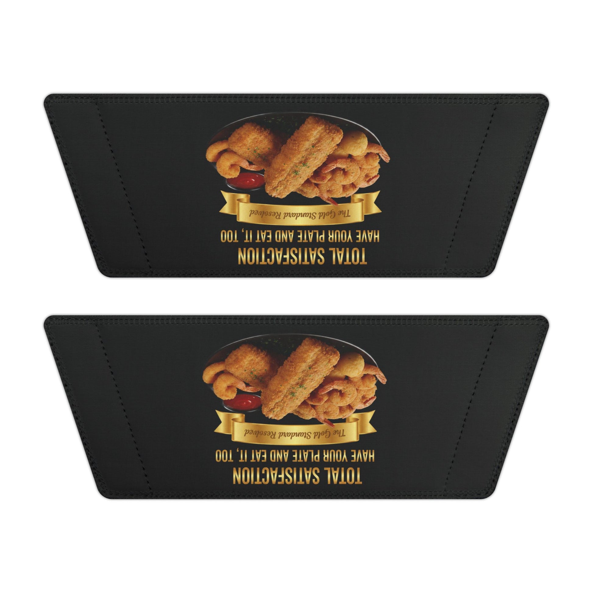 3D Food Fashion design for E U F Outlet featuring two pieces of golden fried fish, several fried shrimp, and a small container of red cocktail sauce on a black plate, square format for premium sandals.