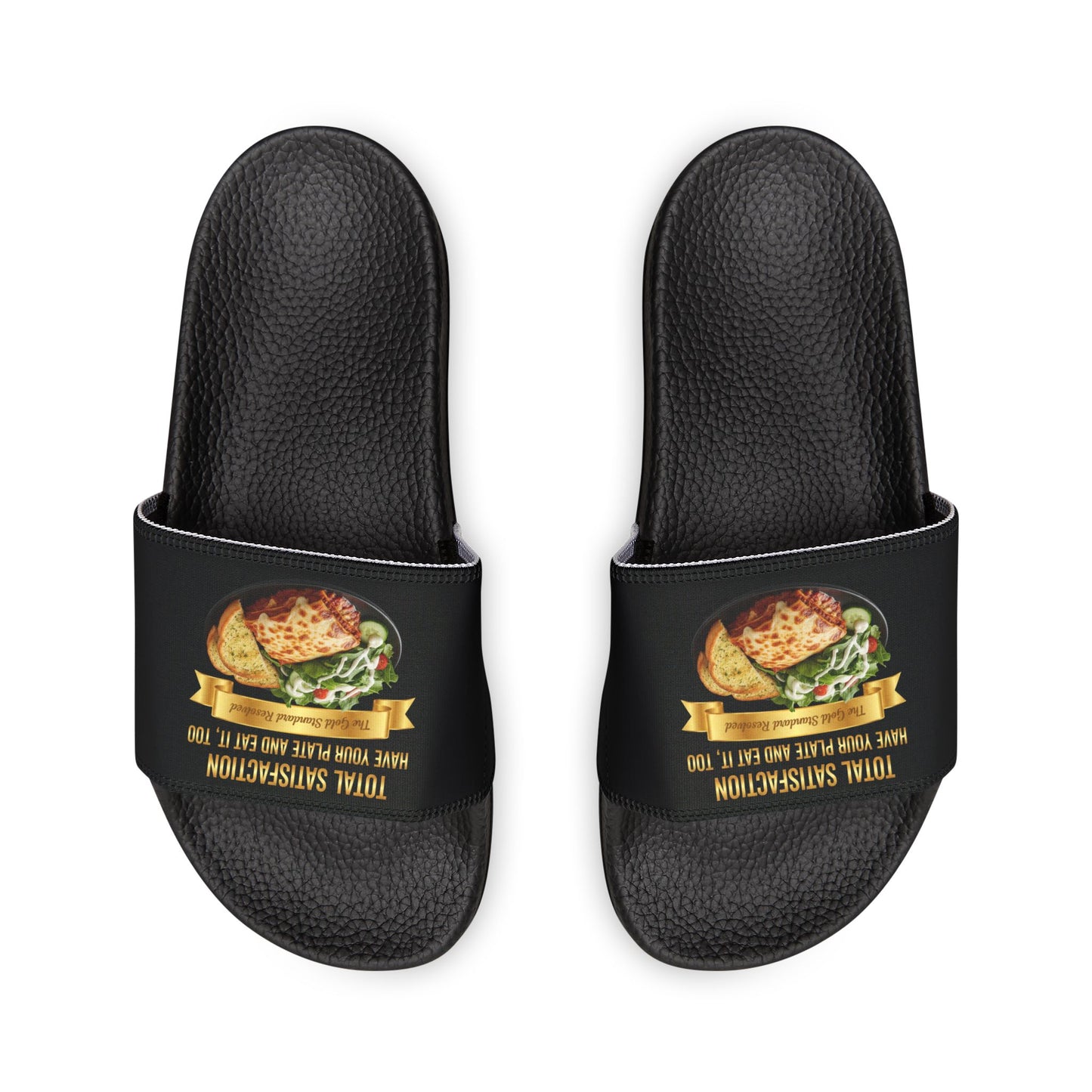 3D Food Fashion design for E U F Outlet featuring a slice of cheesy lasagna, a side salad with ranch dressing, and two slices of toasted garlic bread on a black plate, square format for premium slippers.