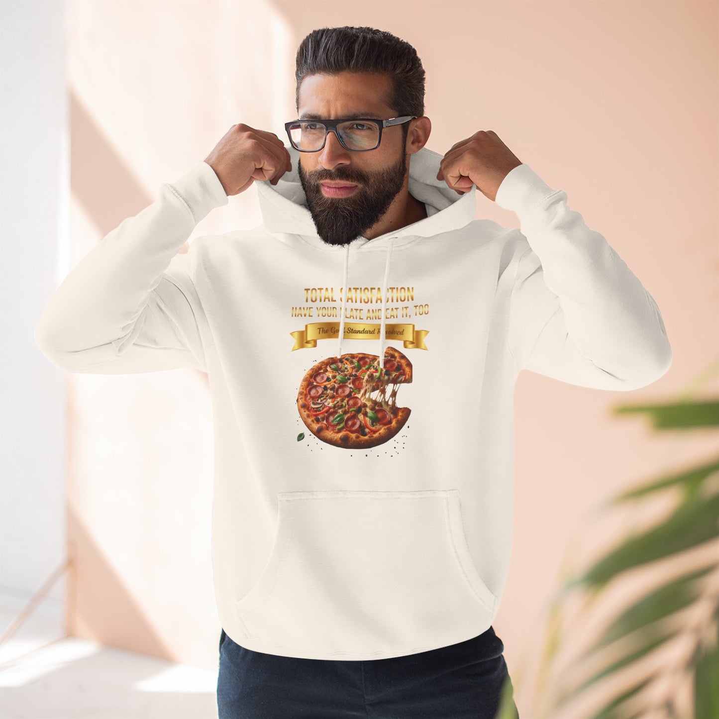 3D Food Fashion design for E U F Outlet featuring a cheesy pizza with toppings on a black plate against a solid black ground on a premium hoodie.