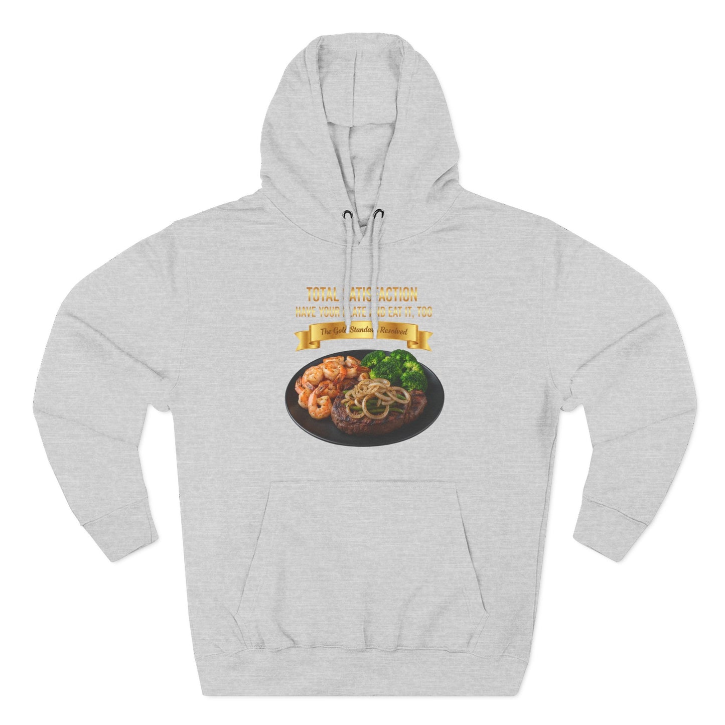 3D Food Fashion design for E U F Outlet featuring a grilled ribeye steak with green peppers and onions, shrimp, and broccoli on a black plate against a solid black ground on a premium hoodie.