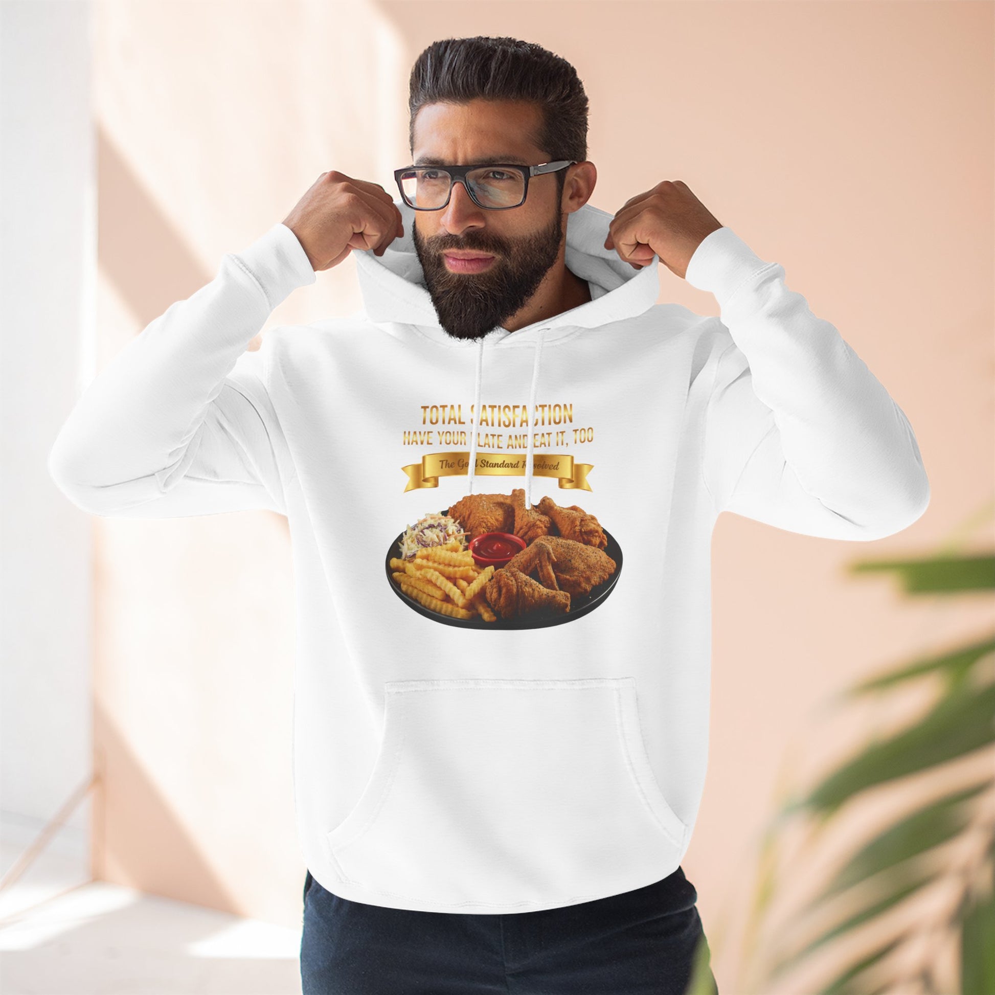 3D Food Fashion design for E U F Outlet featuring six pieces of fried chicken, french fries, coleslaw, and ketchup on a black plate against a solid black ground on a premium hoodie.