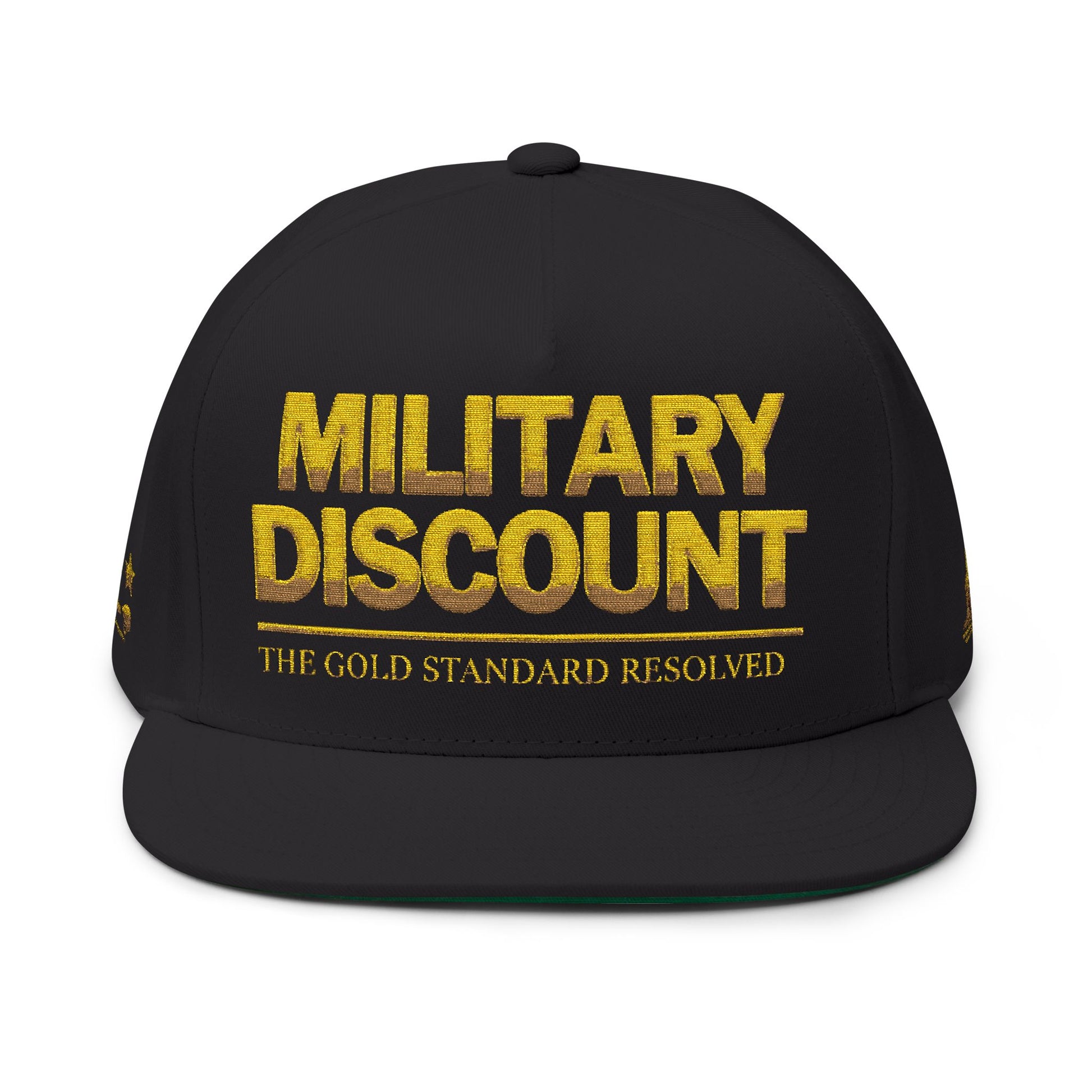 A premium high-profile flat-bill cap from E U F Outlet.. in a sleek, unified black. The front features thick, raised 24K gold embroidery with the text "MILITARY DISCOUNT" and the trademarked slogan "™The Gold Standard Resolved™" beneath it. The heavy-duty gold thread creates a 99.99% gold standard contrast against the deep black cotton twill.