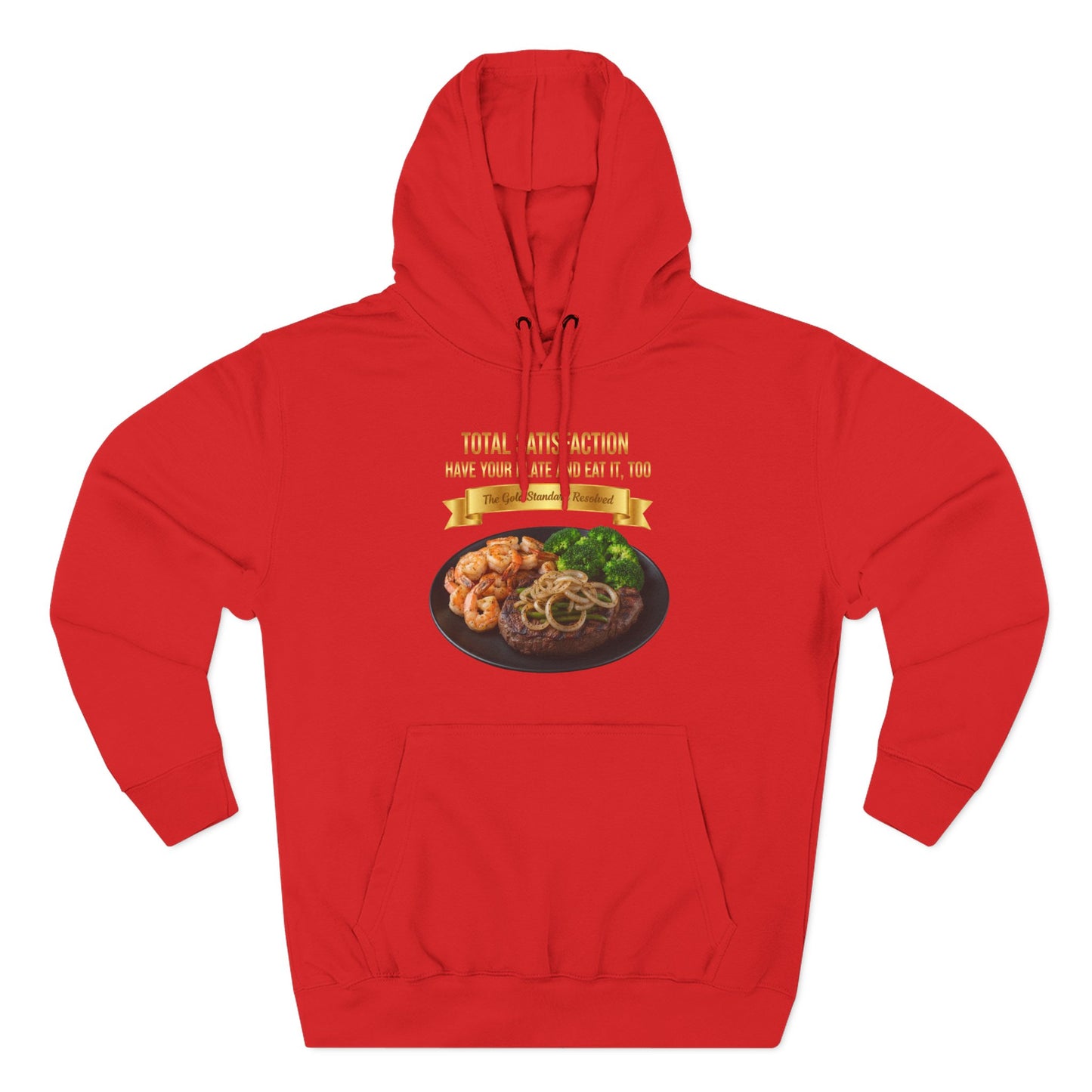 3D Food Fashion design for E U F Outlet featuring a grilled ribeye steak with green peppers and onions, shrimp, and broccoli on a black plate against a solid black ground on a premium hoodie.