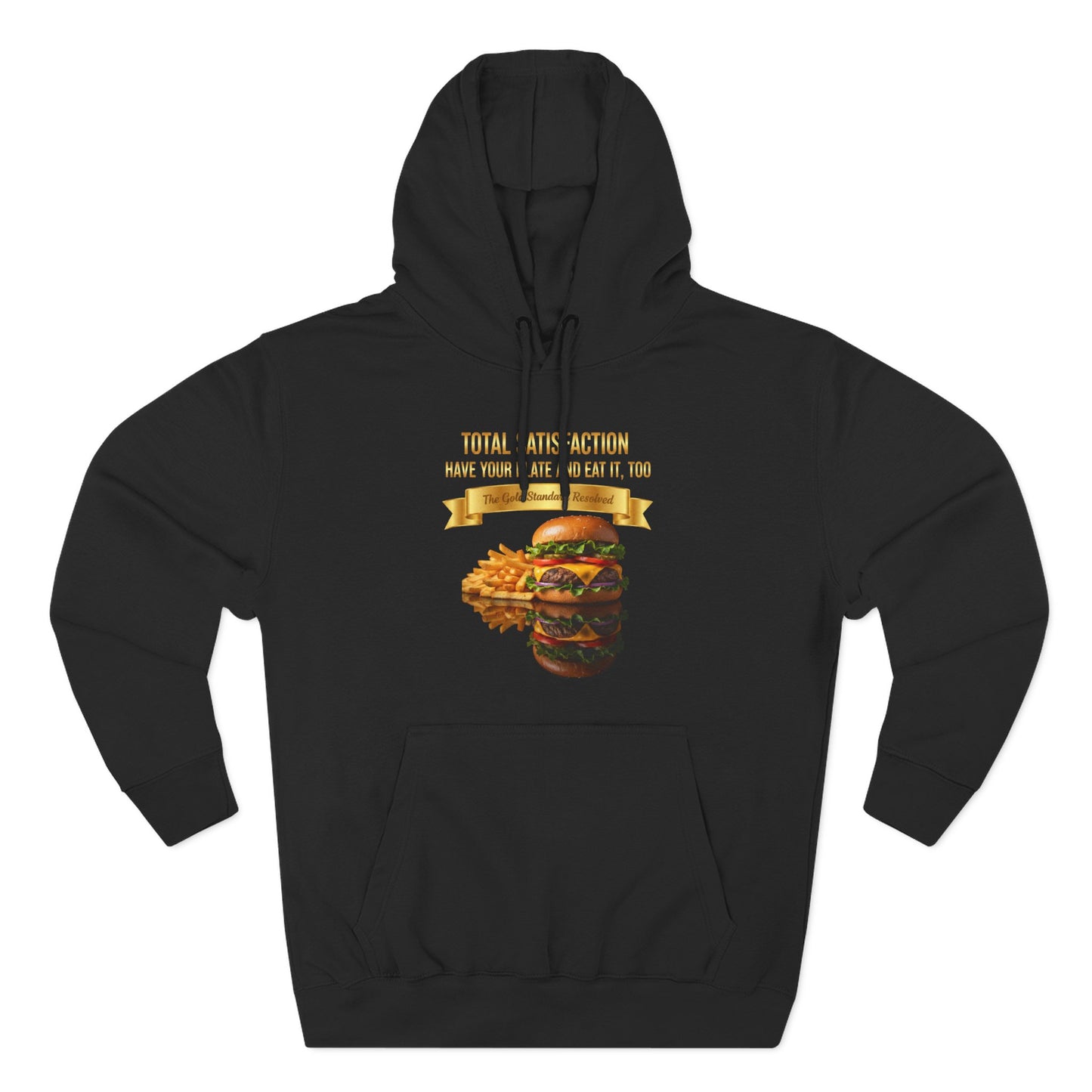 3D Food Fashion design for E U F Outlet featuring a cheeseburger and french fries on a black plate against a solid black ground on a premium hoodie.