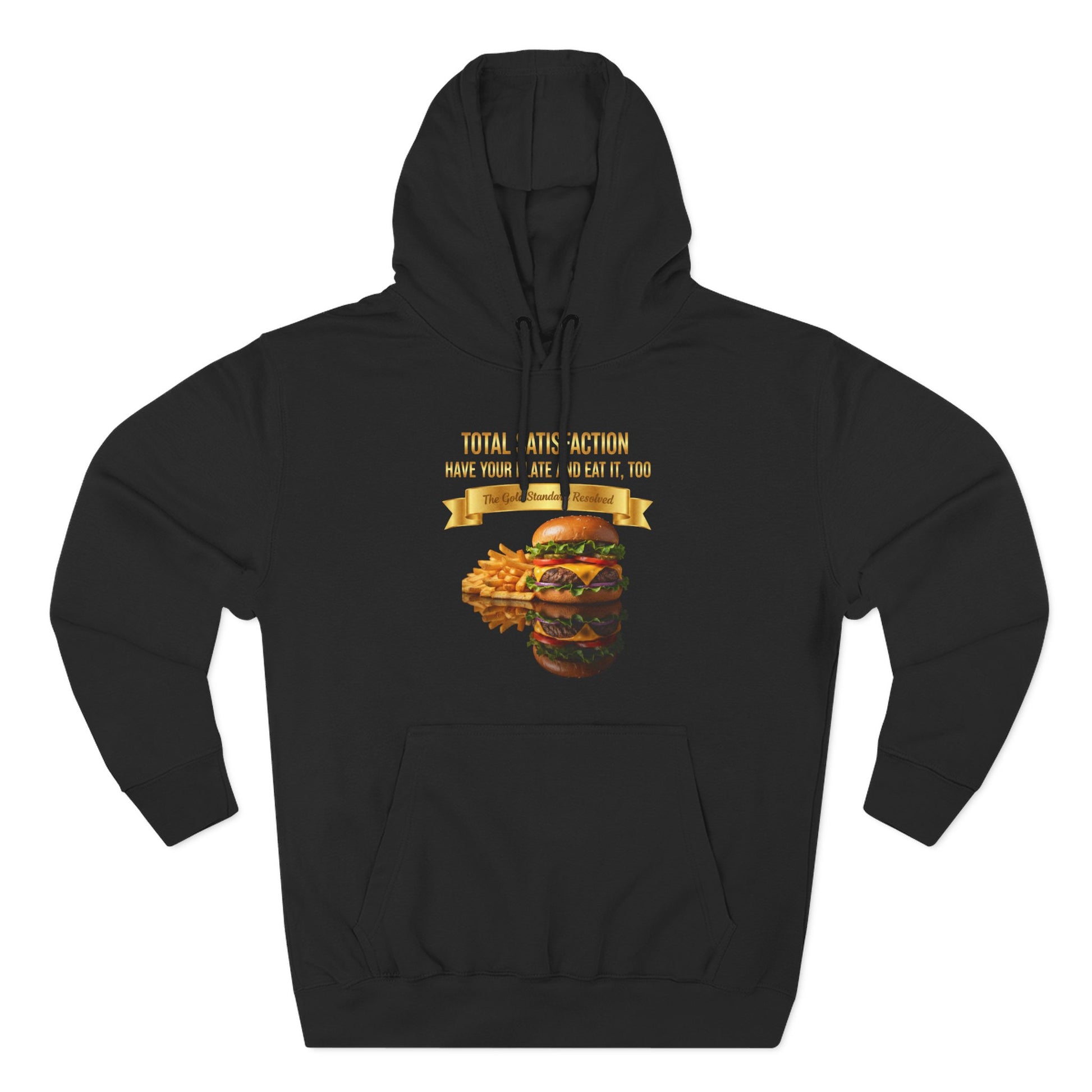 3D Food Fashion design for E U F Outlet featuring a cheeseburger and french fries on a black plate against a solid black ground on a premium hoodie.