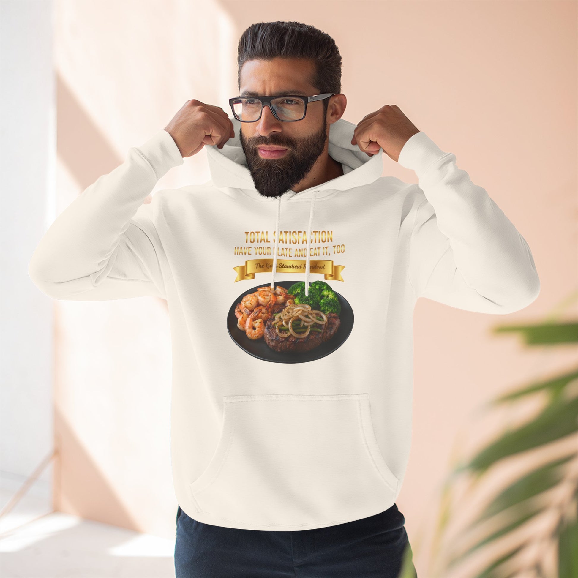 3D Food Fashion design for E U F Outlet featuring a grilled ribeye steak with green peppers and onions, shrimp, and broccoli on a black plate against a solid black ground on a premium hoodie.