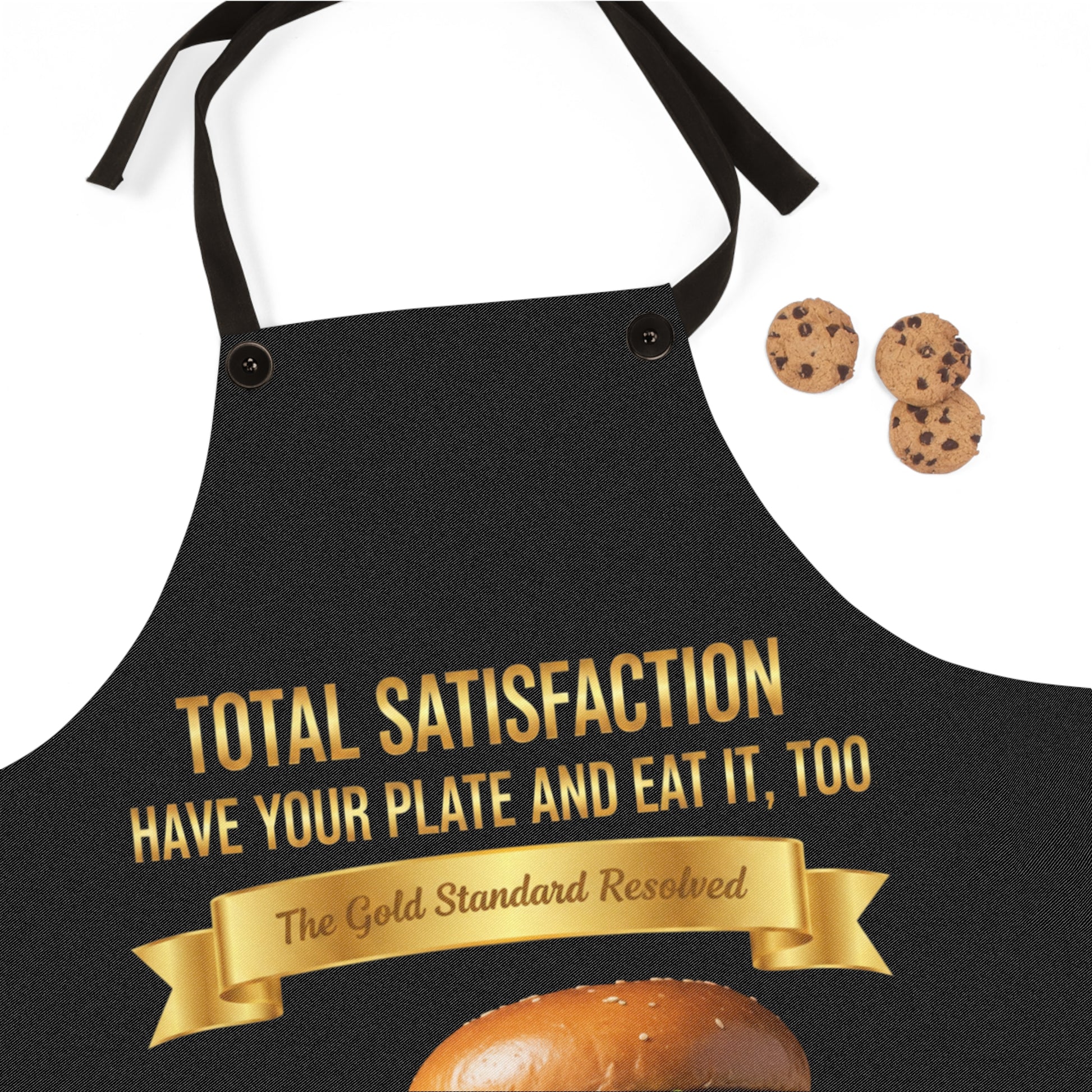 3D Food Fashion design for E U F Outlet featuring a cheeseburger and french fries on a black plate against a solid black ground on a premium apron.