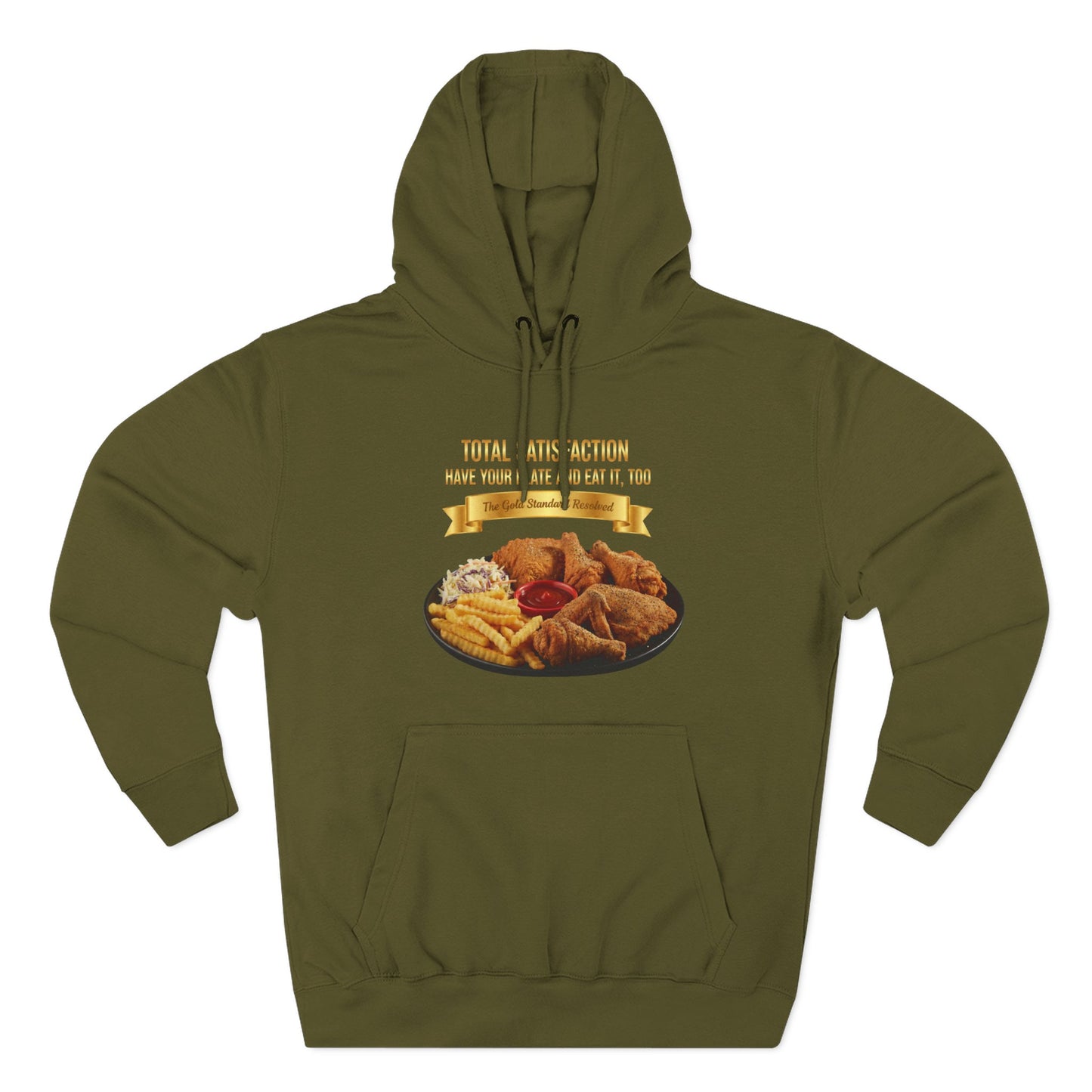 3D Food Fashion design for E U F Outlet featuring six pieces of fried chicken, french fries, coleslaw, and ketchup on a black plate against a solid black ground on a premium hoodie.