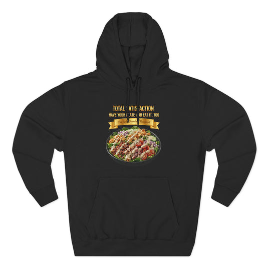 3D Food Fashion design for E U F Outlet featuring a loaded salad with bacon, turkey, ham, tomatoes, cucumbers, onions, croissants, heavy ranch dressing, black pepper, and salt on a premium hoodie.