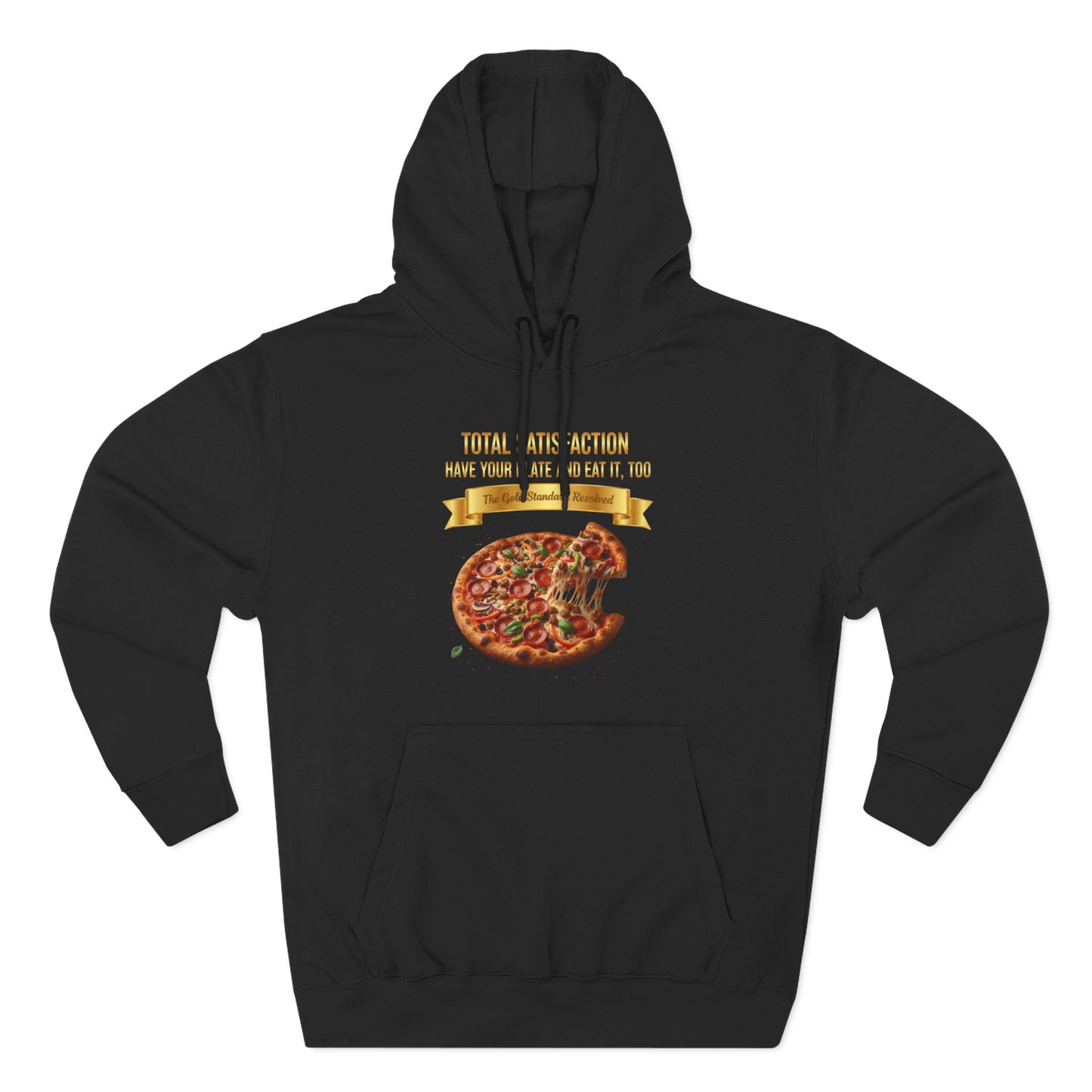 3D Food Fashion design for E U F Outlet featuring a cheesy pizza with toppings on a black plate against a solid black ground on a premium hoodie.