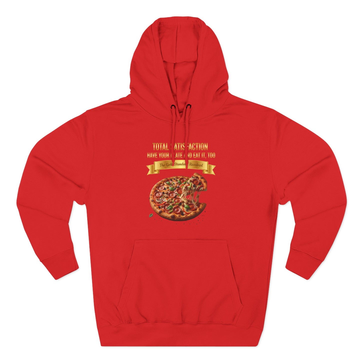 3D Food Fashion design for E U F Outlet featuring a cheesy pizza with toppings on a black plate against a solid black ground on a premium hoodie.