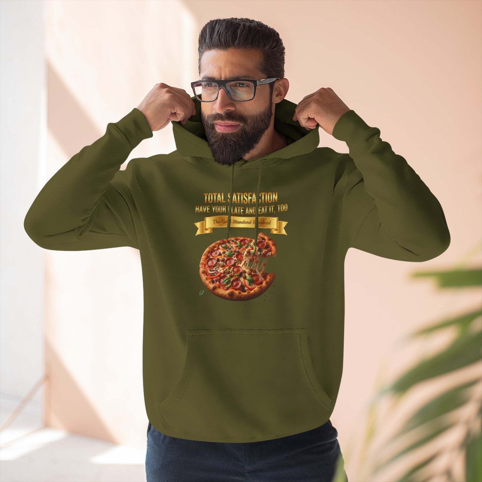 3D Food Fashion design for E U F Outlet featuring a cheesy pizza with toppings on a black plate against a solid black ground on a premium hoodie.