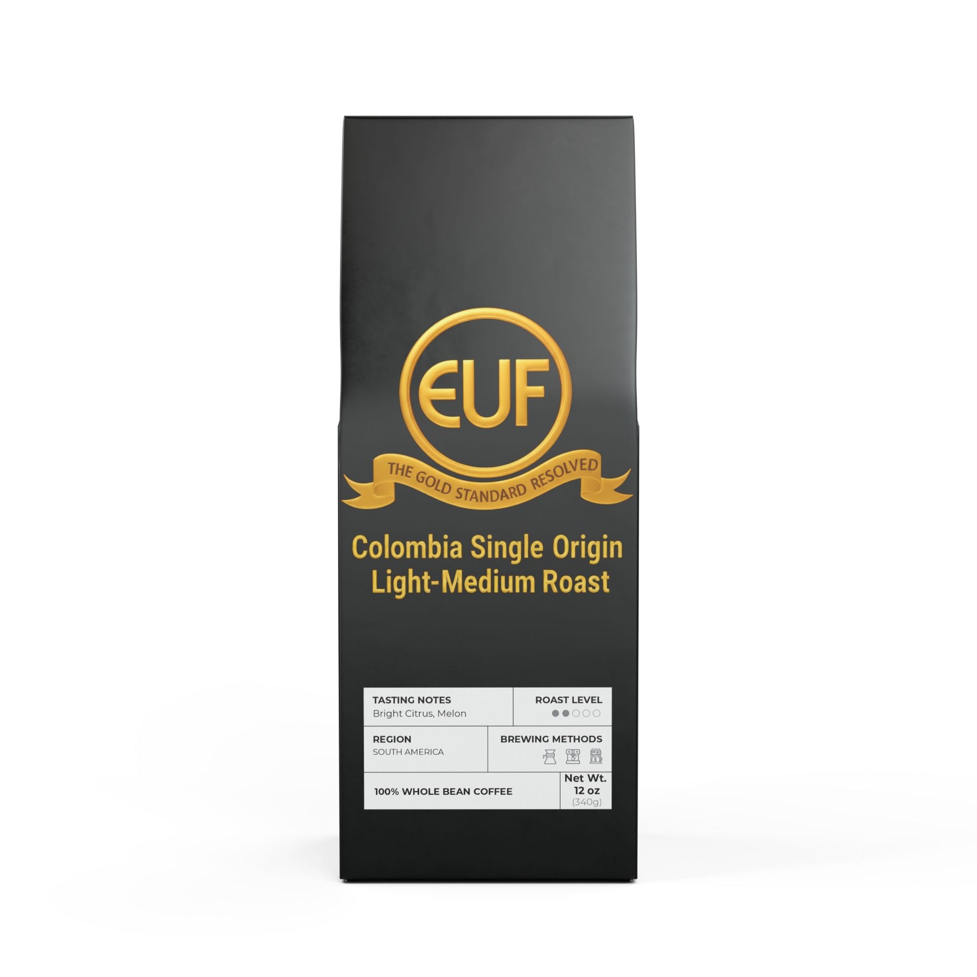 ™The Gold Standard Resolved™: Colombia Single Origin (Light-Medium Roast) by ™EUF Outlet.. showcased in solid 24K gold 99.99 purity lettering on a transparent background for Express Unity Fashion.