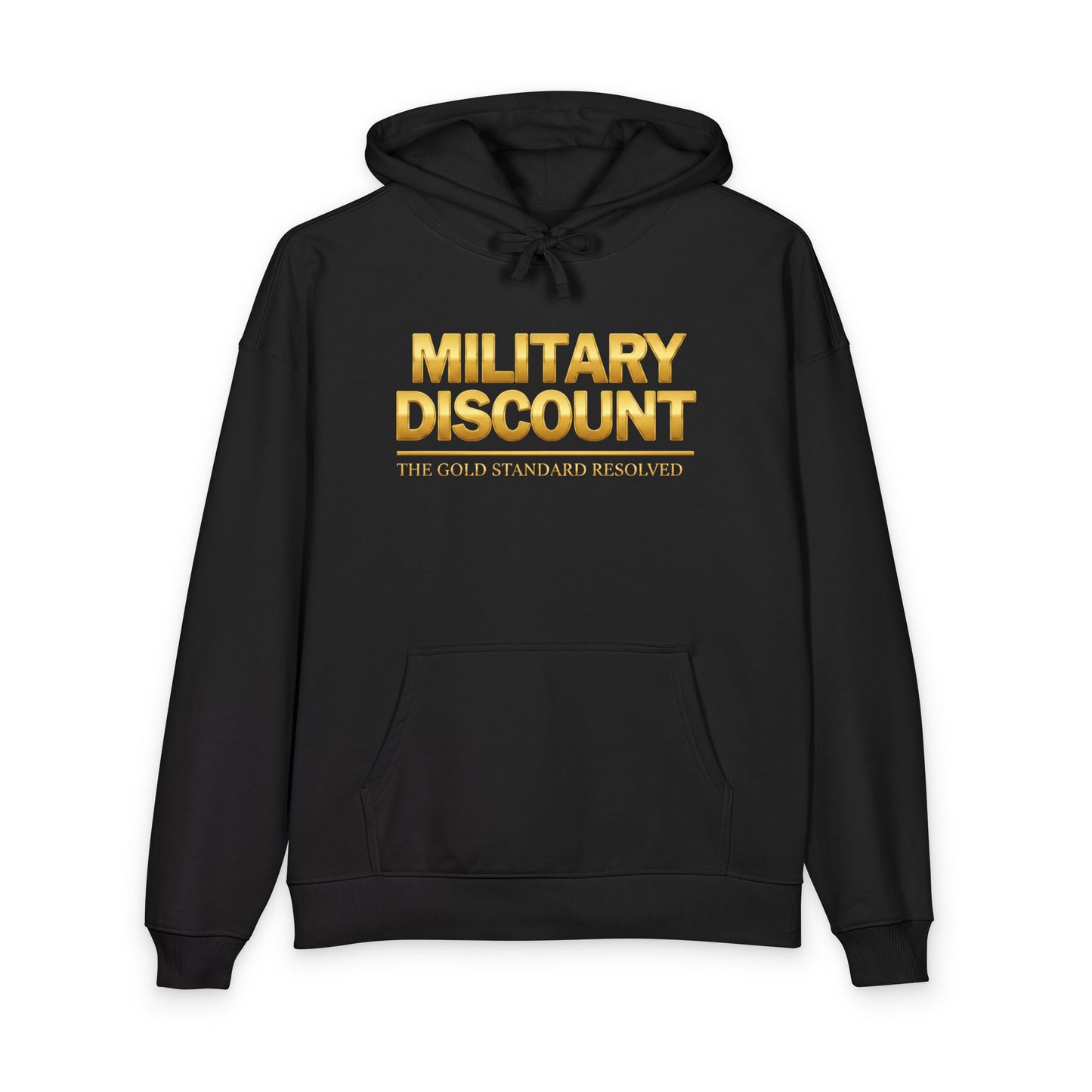 A high-velocity product image of the E U F Outlet.. Elite Veteran Heritage Military Discount Hoodie. The 10.32 oz ultra-heavyweight 100% organic cotton fabric is shown in a structured, professional black. The chest features the bold gold-toned recognition message that serves as a silent envoy for Veteran status, representing a 9 9 . 9 9 % gold standard frequency and a mental investment in financial stability.
