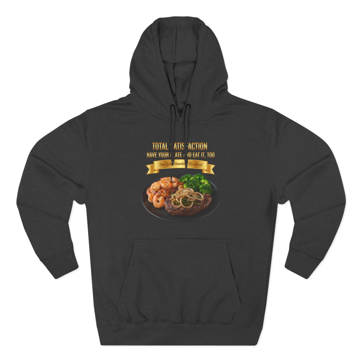 3D Food Fashion design for E U F Outlet featuring a grilled ribeye steak with green peppers and onions, shrimp, and broccoli on a black plate against a solid black ground on a premium hoodie.