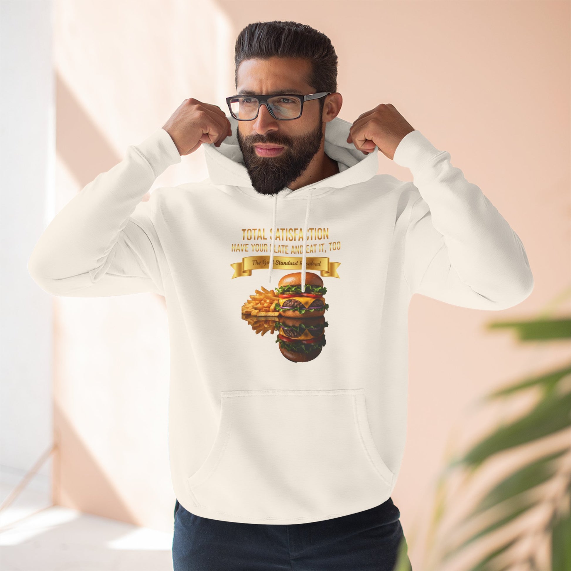 3D Food Fashion design for E U F Outlet featuring a cheeseburger and french fries on a black plate against a solid black ground on a premium hoodie.