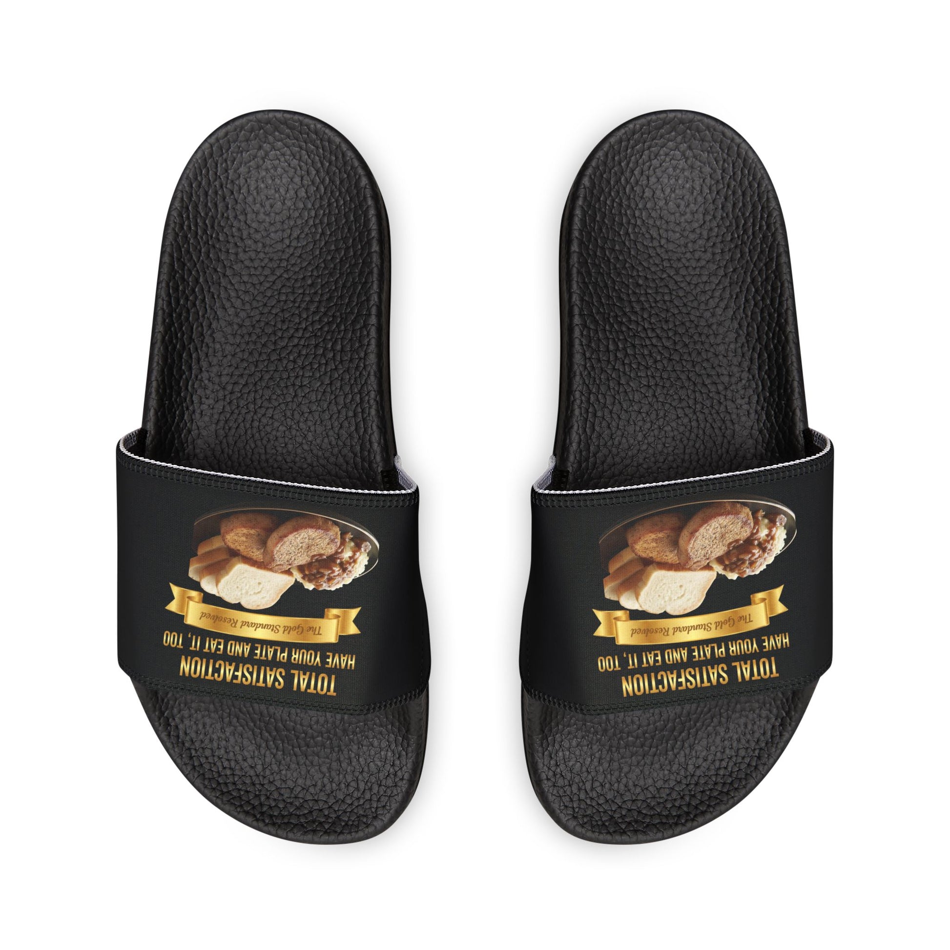 3D Food Fashion design for E U F Outlet featuring two baked pork chops, mashed potatoes, tomatoes with gravy and onions, and four slices of white bread on a black plate, square format for premium sandals.