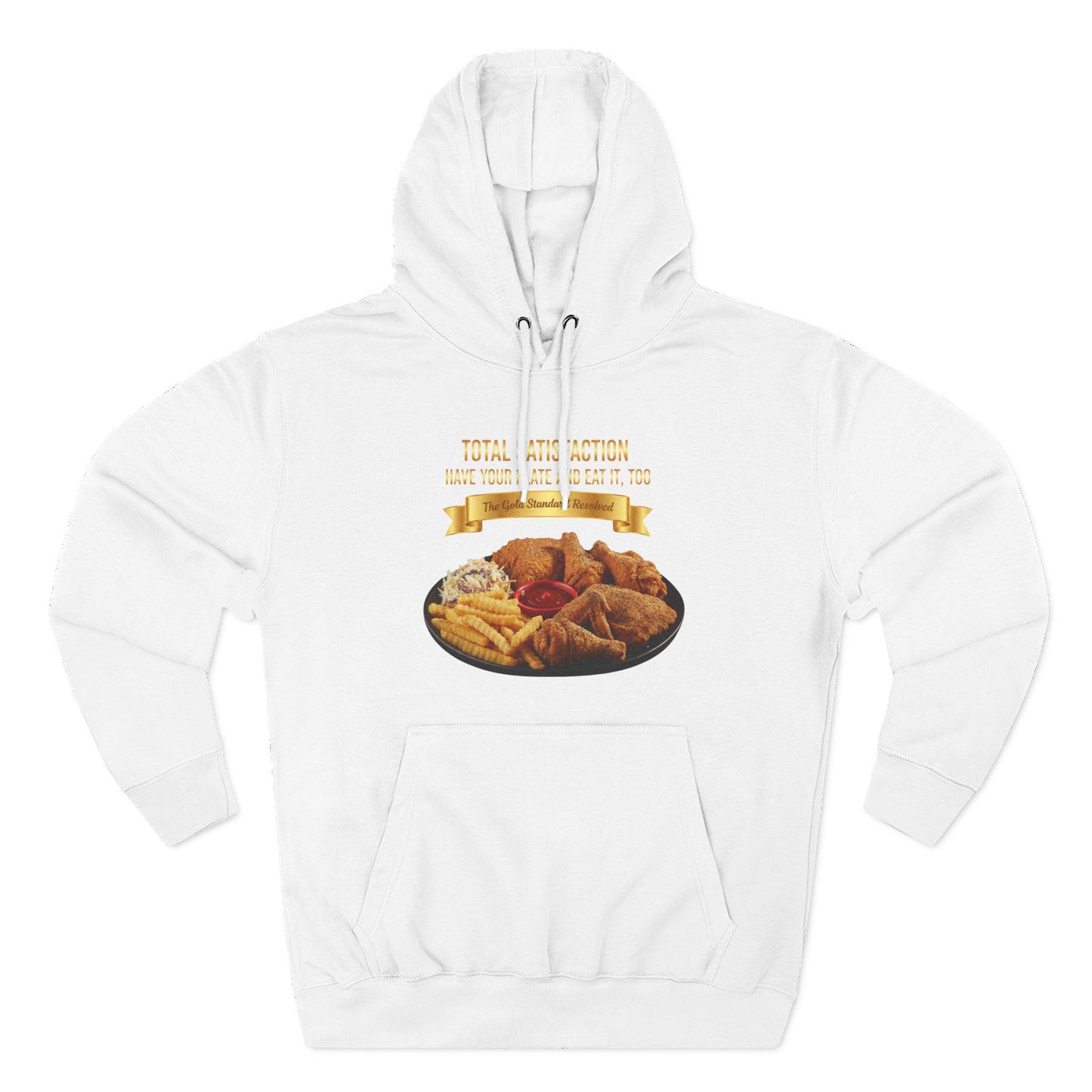 3D Food Fashion design for E U F Outlet featuring six pieces of fried chicken, french fries, coleslaw, and ketchup on a black plate against a solid black ground on a premium hoodie.