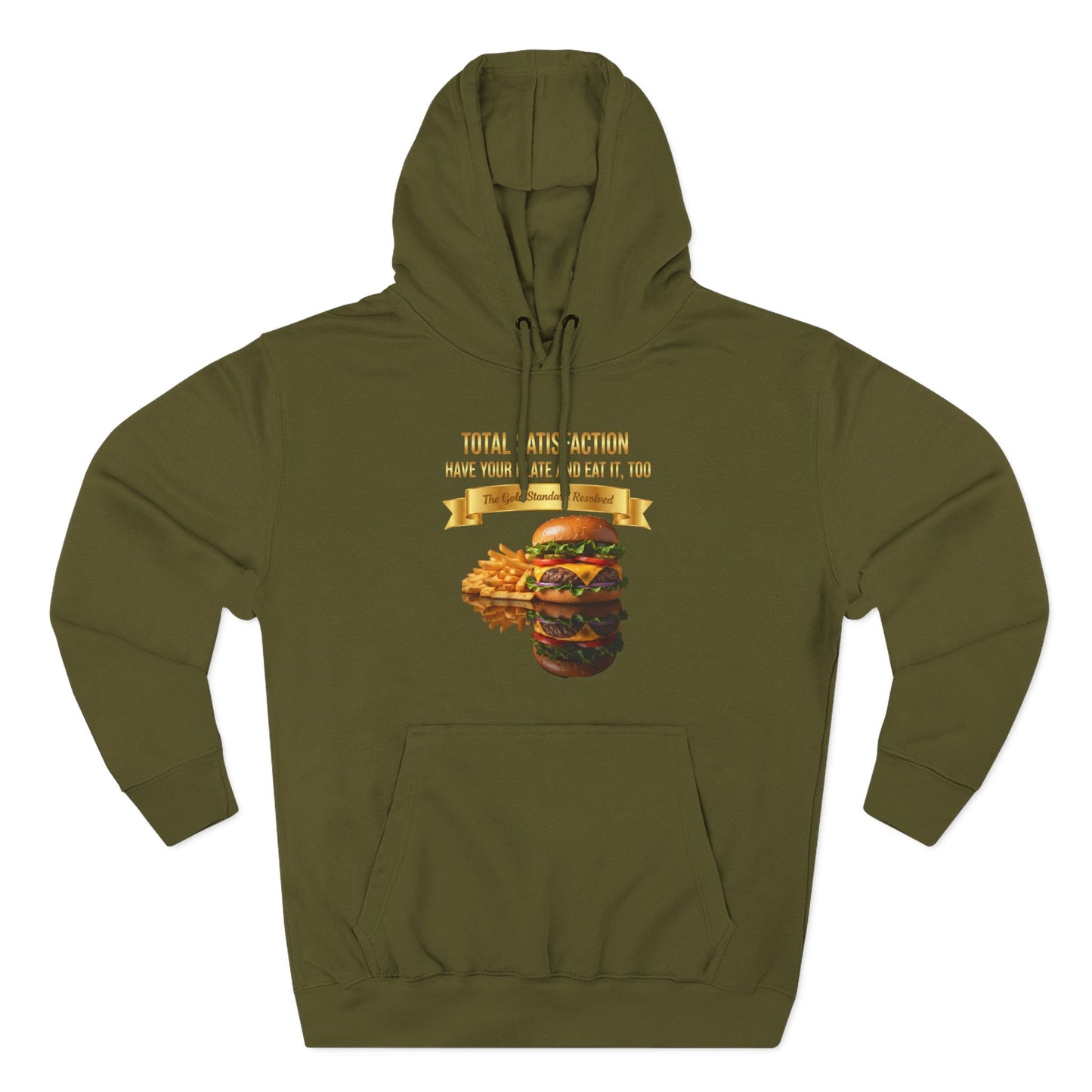 3D Food Fashion design for E U F Outlet featuring a cheeseburger and french fries on a black plate against a solid black ground on a premium hoodie.