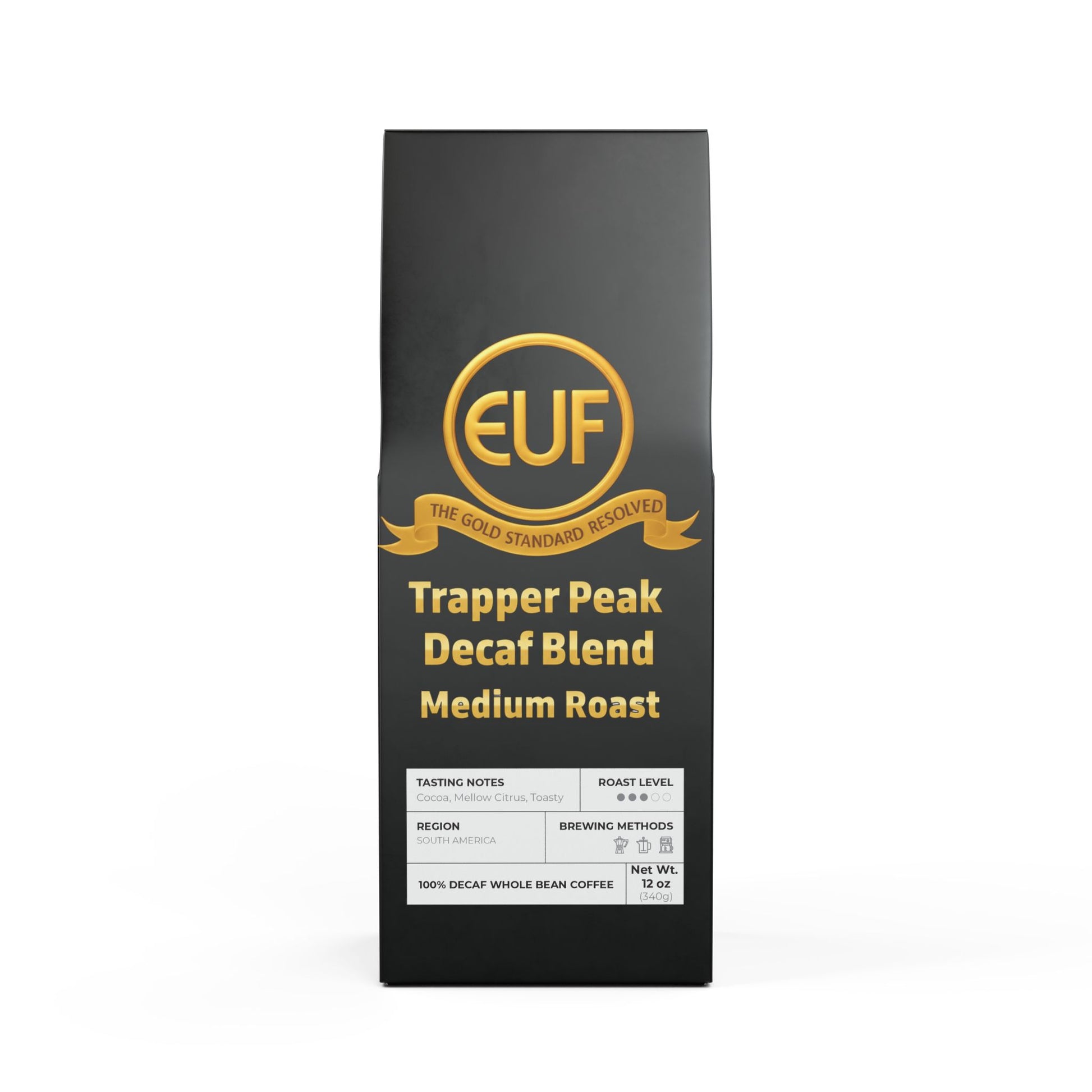 ™The Gold Standard Resolved™: Trapper Peak Decaf Blend (Medium Roast) by ™EUF Outlet.. presented in solid 24K gold 99.99 purity lettering on a transparent background for Express Unity Fashion.