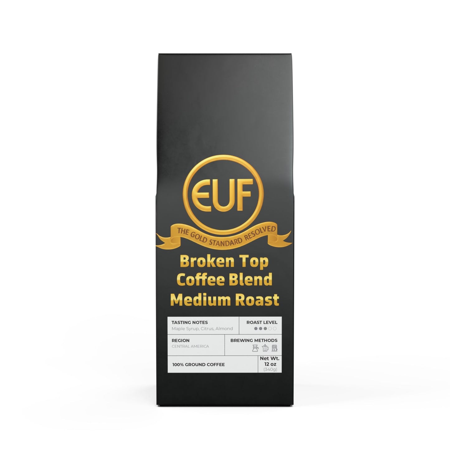 ™The Gold Standard Resolved™: Broken Top Coffee Blend (Medium Roast) by ™EUF Outlet.. featuring solid 24K gold 99.99 purity lettering on a transparent background for Express Unity Fashion.