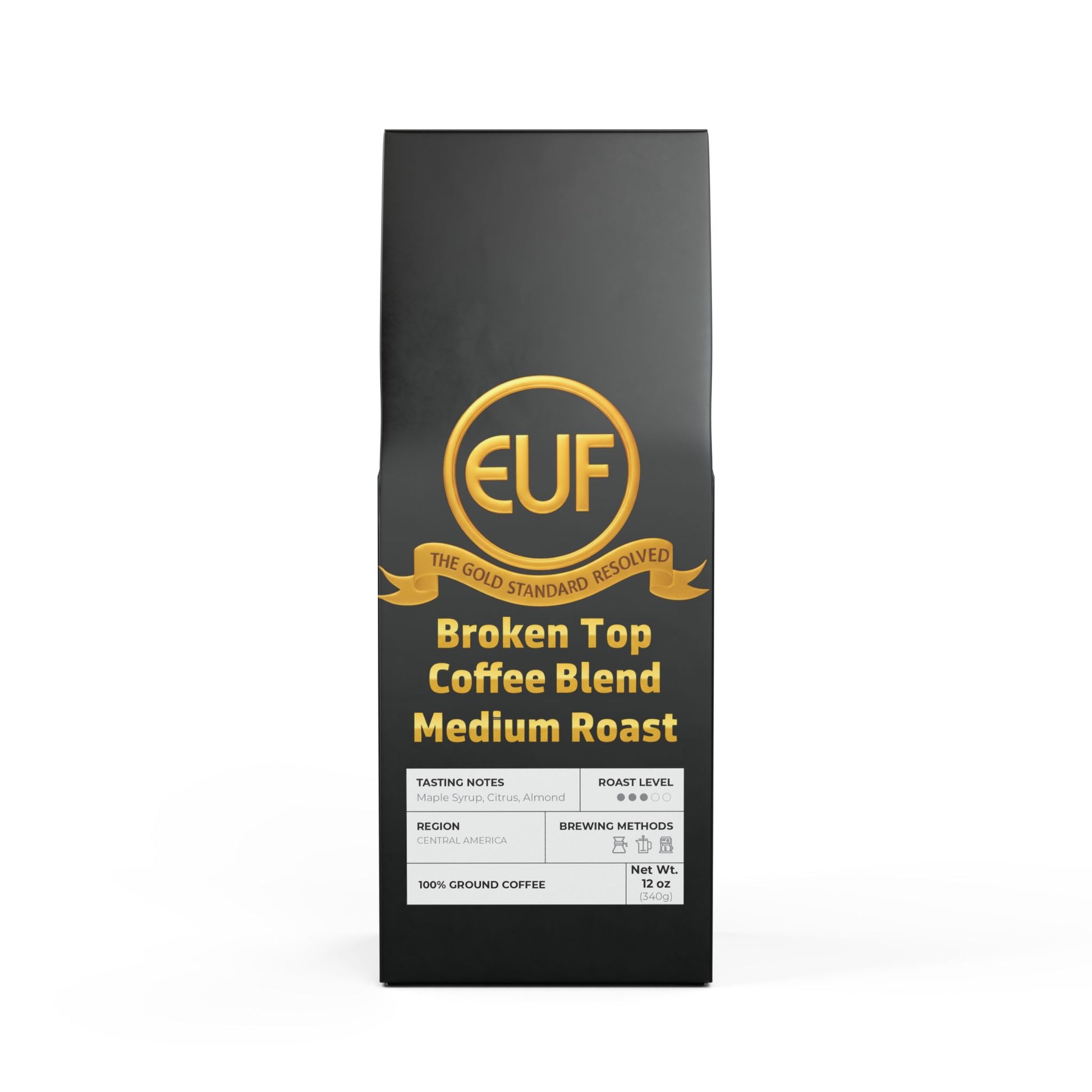 ™The Gold Standard Resolved™: Broken Top Coffee Blend (Medium Roast) by ™EUF Outlet.. featuring solid 24K gold 99.99 purity lettering on a transparent background for Express Unity Fashion.