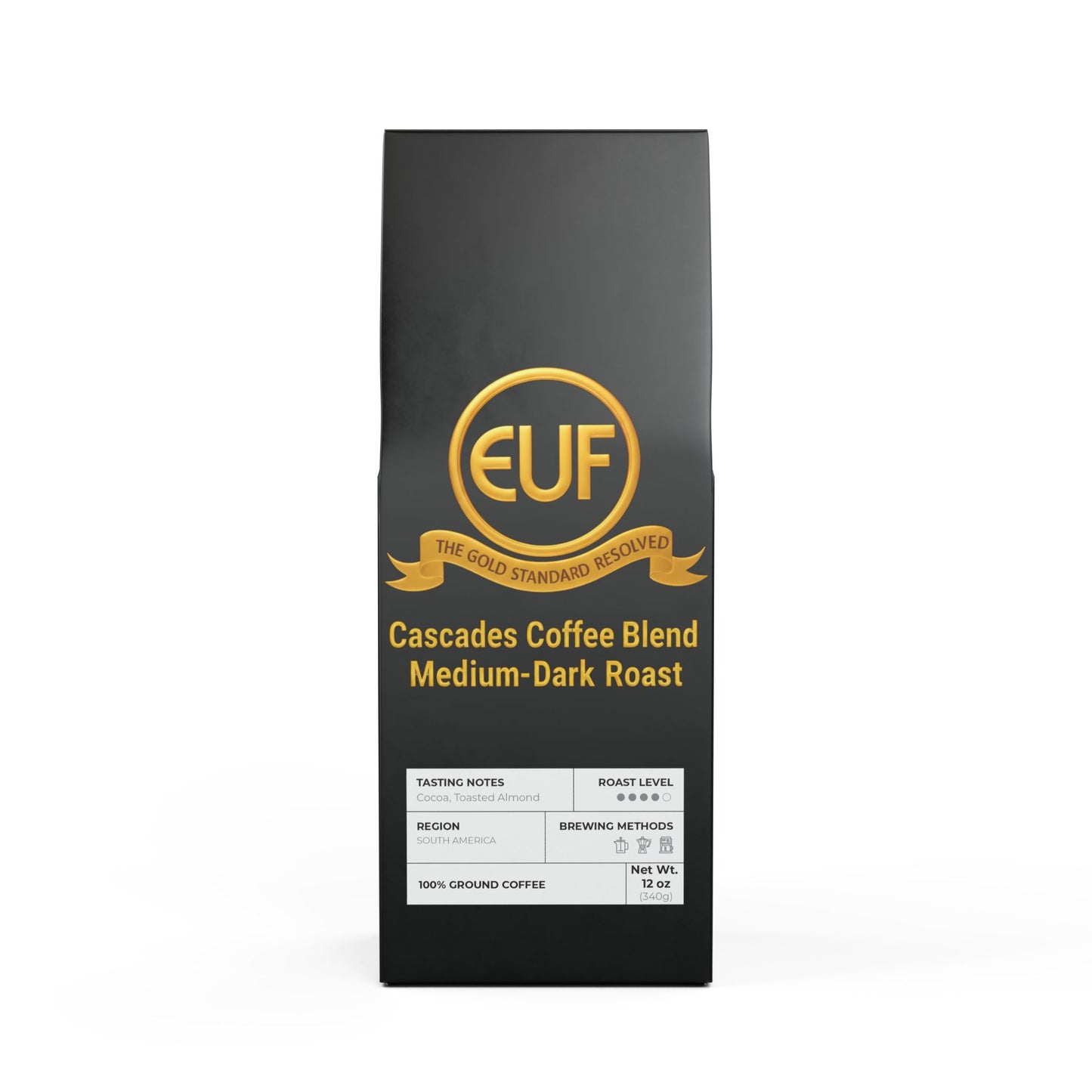 ™The Gold Standard Resolved™: Cascades Coffee Blend (Medium-Dark Roast) by ™EUF Outlet.. featuring solid 24K gold 99.99 purity lettering on a transparent background for Express Unity Fashion.