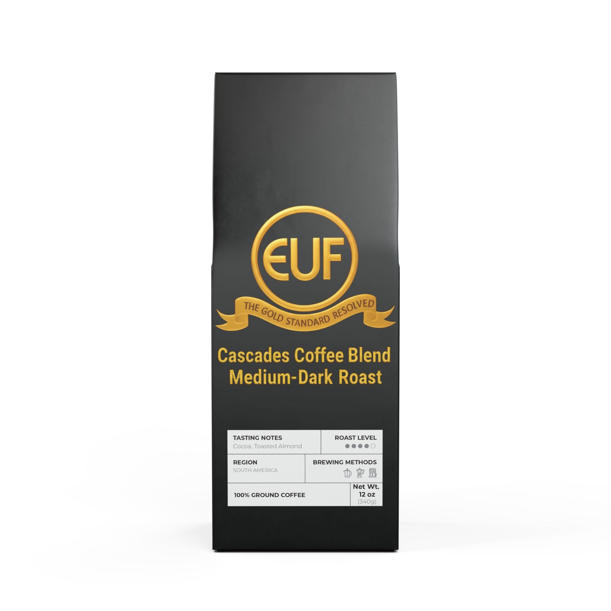 ™The Gold Standard Resolved™: Cascades Coffee Blend (Medium-Dark Roast) by ™EUF Outlet.. featuring solid 24K gold 99.99 purity lettering on a transparent background for Express Unity Fashion.