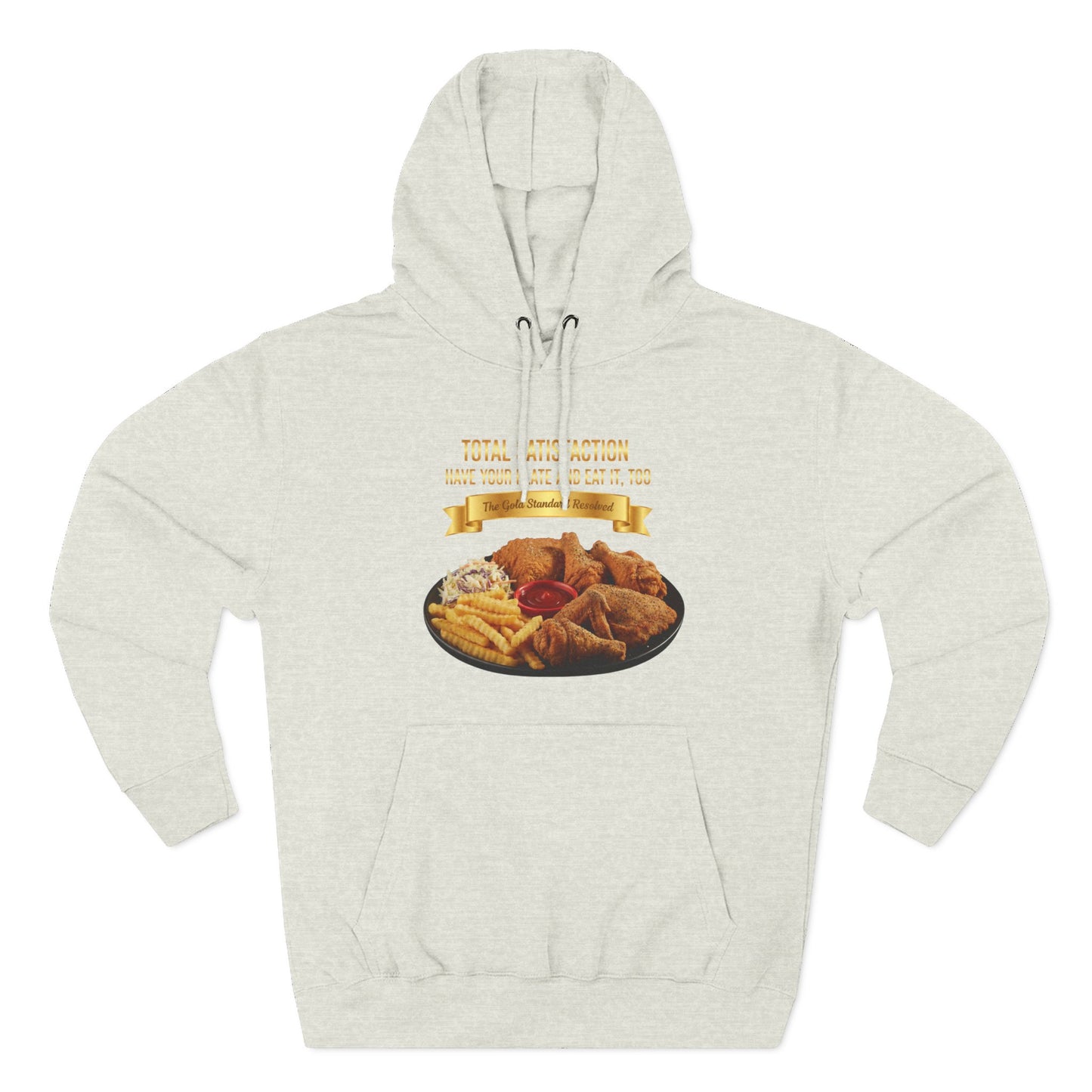 3D Food Fashion design for E U F Outlet featuring six pieces of fried chicken, french fries, coleslaw, and ketchup on a black plate against a solid black ground on a premium hoodie.