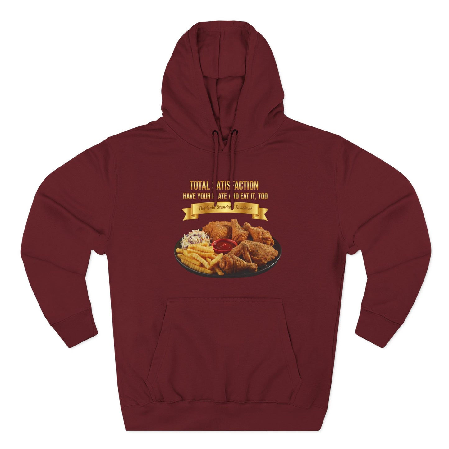 3D Food Fashion design for E U F Outlet featuring six pieces of fried chicken, french fries, coleslaw, and ketchup on a black plate against a solid black ground on a premium hoodie.