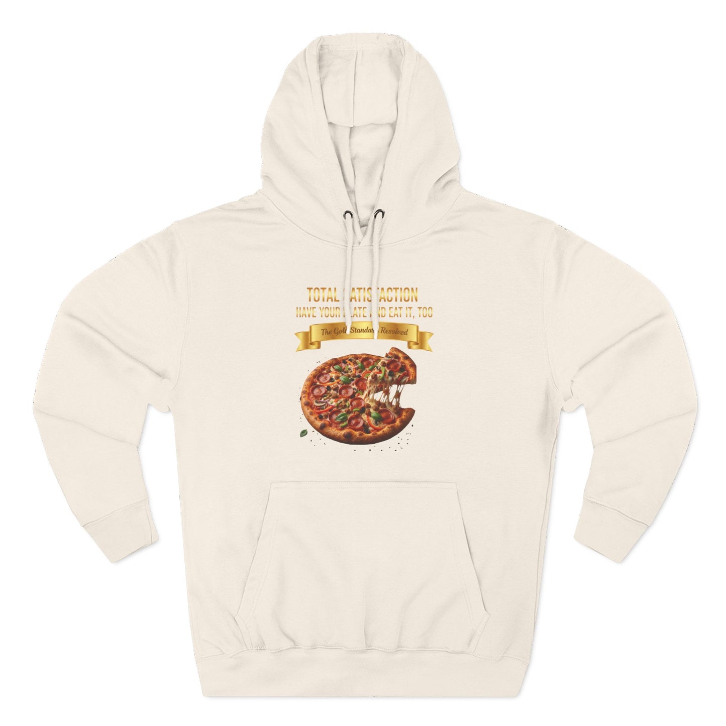 3D Food Fashion design for E U F Outlet featuring a cheesy pizza with toppings on a black plate against a solid black ground on a premium hoodie.