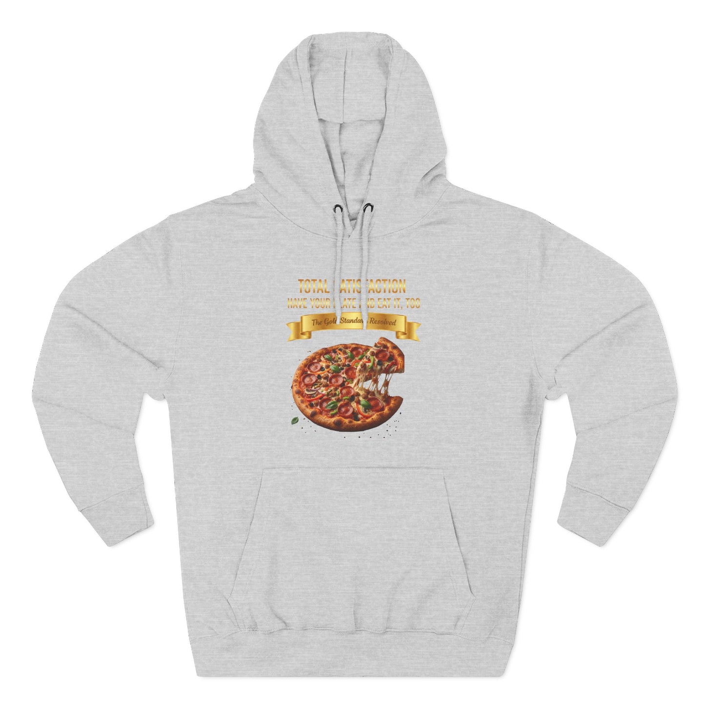 3D Food Fashion design for E U F Outlet featuring a cheesy pizza with toppings on a black plate against a solid black ground on a premium hoodie.