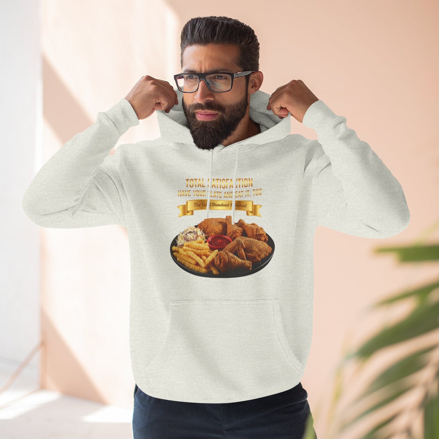 3D Food Fashion design for E U F Outlet featuring six pieces of fried chicken, french fries, coleslaw, and ketchup on a black plate against a solid black ground on a premium hoodie.