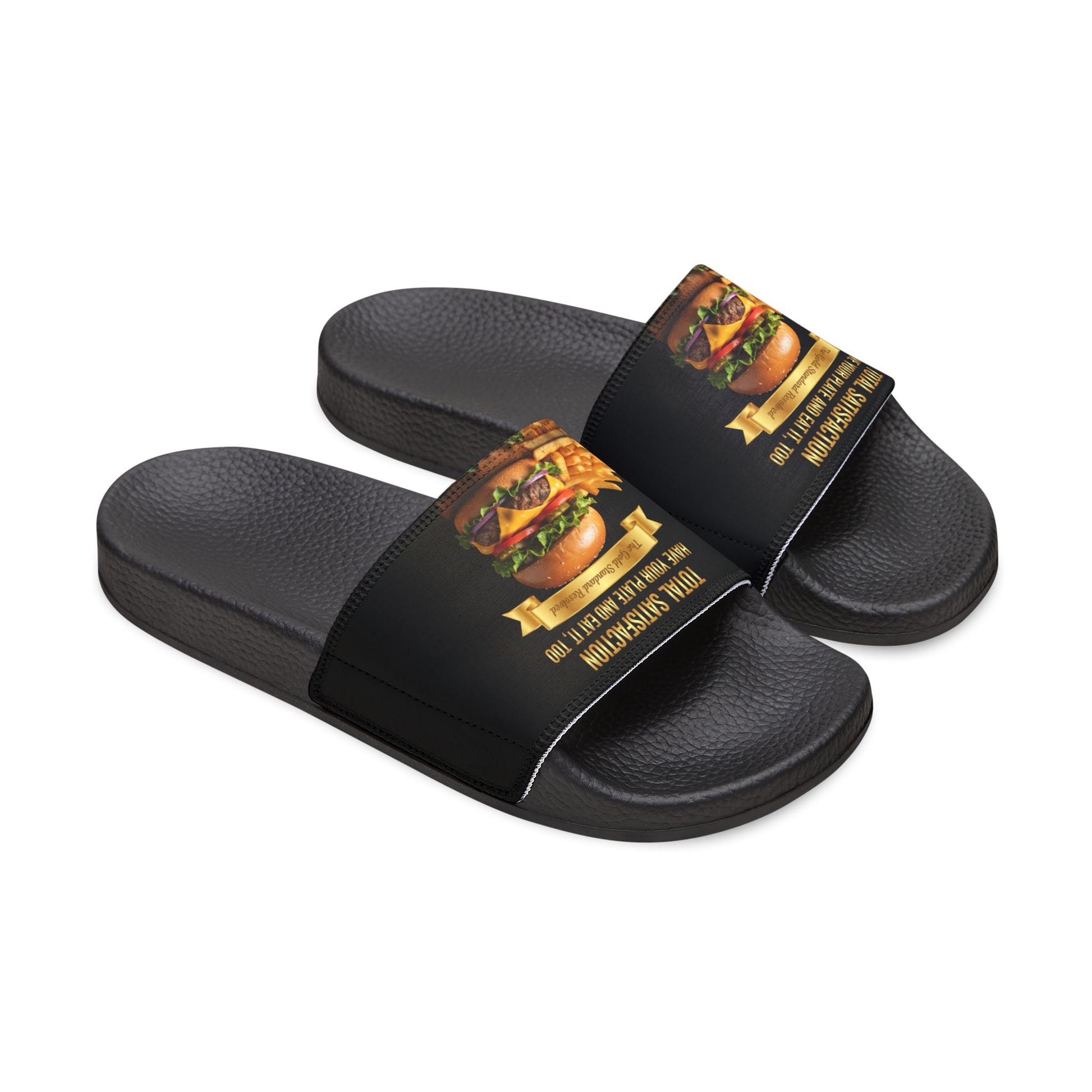 3D Food Fashion design for E U F Outlet featuring a high-resolution cheeseburger with melted cheese, lettuce, and tomato, alongside crispy golden french fries on a black plate, square format for premium sandals.